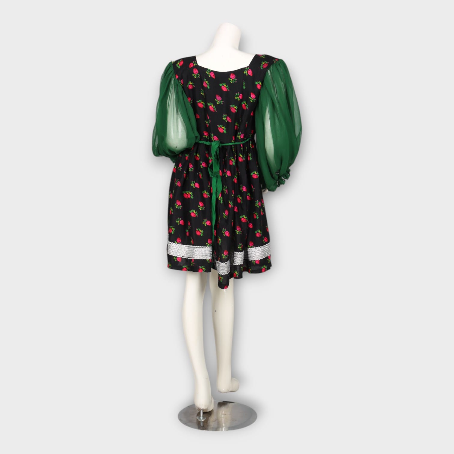 Short Floral Traditional Afghani Dress with Green Sleeves and Mirror Work