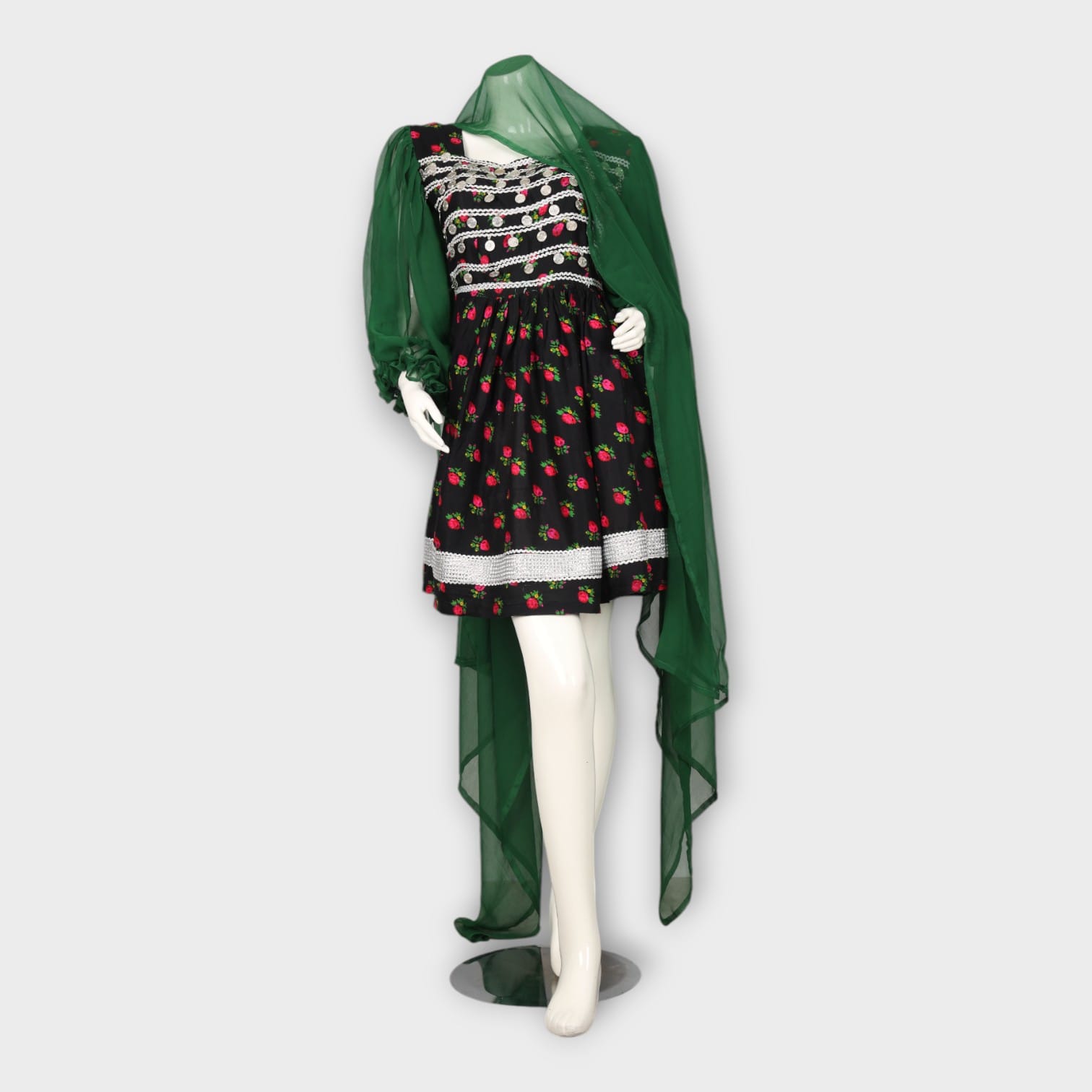 Short Floral Traditional Afghani Dress with Green Sleeves and Mirror Work