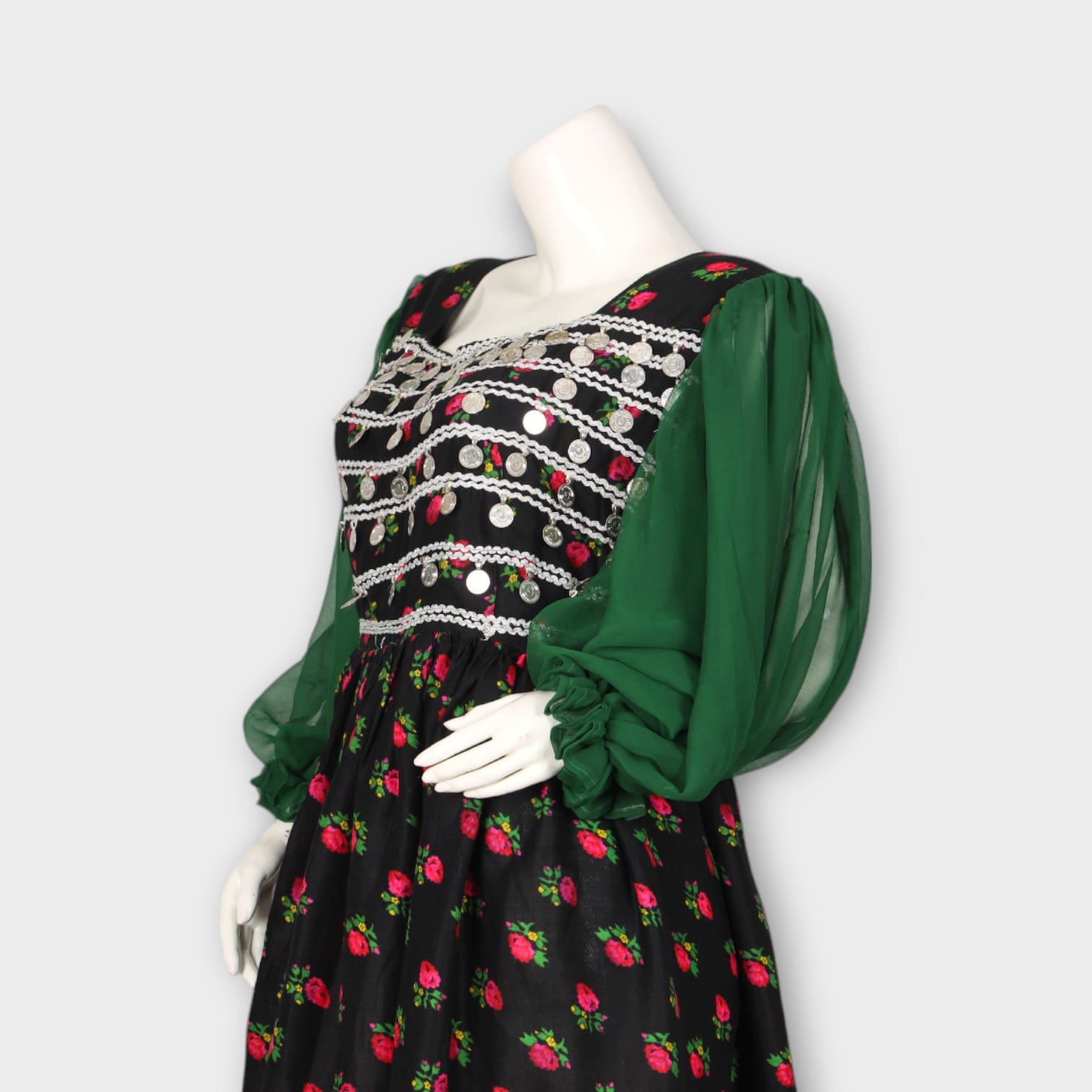 Short Floral Traditional Afghani Dress with Green Sleeves and Mirror Work