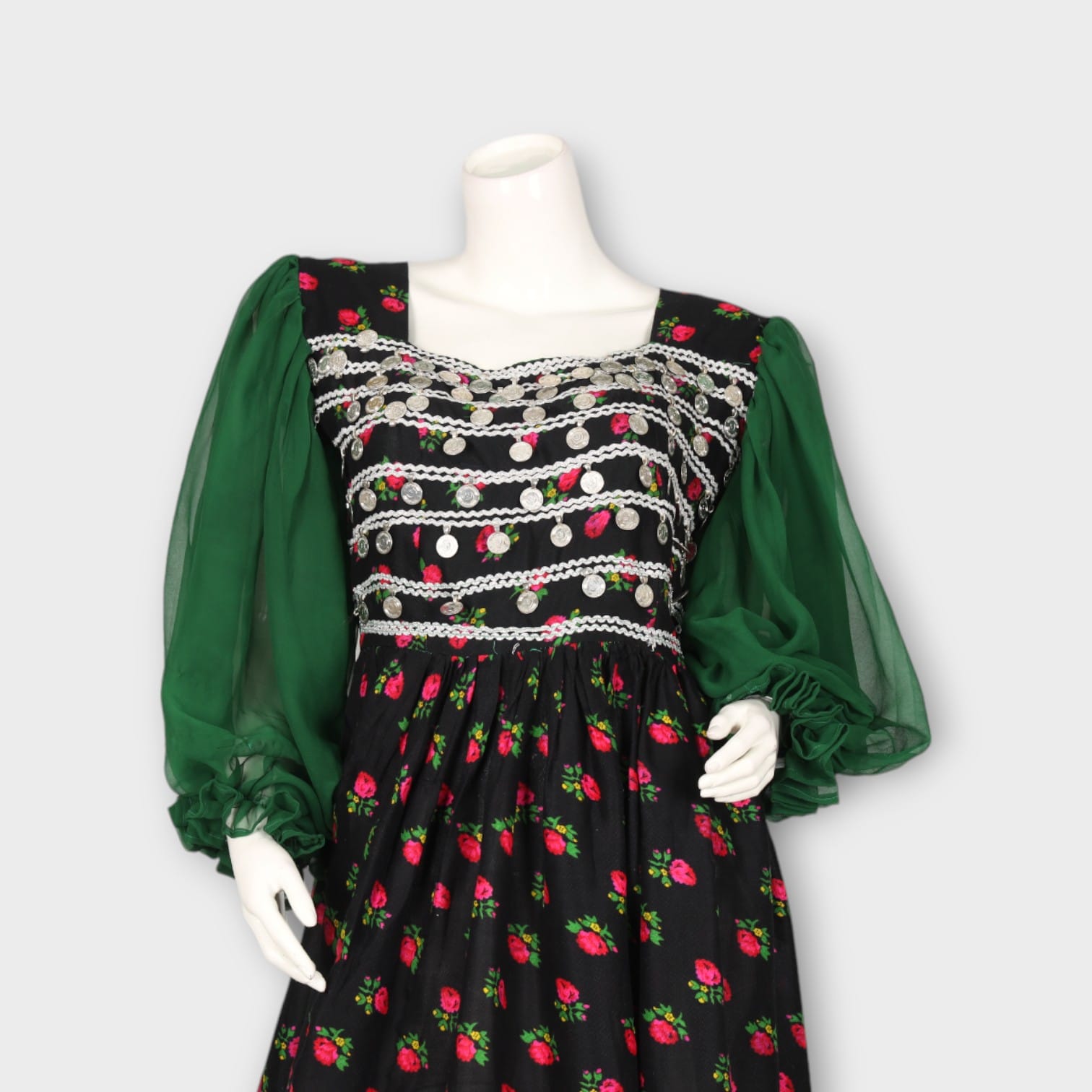 Short Floral Traditional Afghani Dress with Green Sleeves and Mirror Work