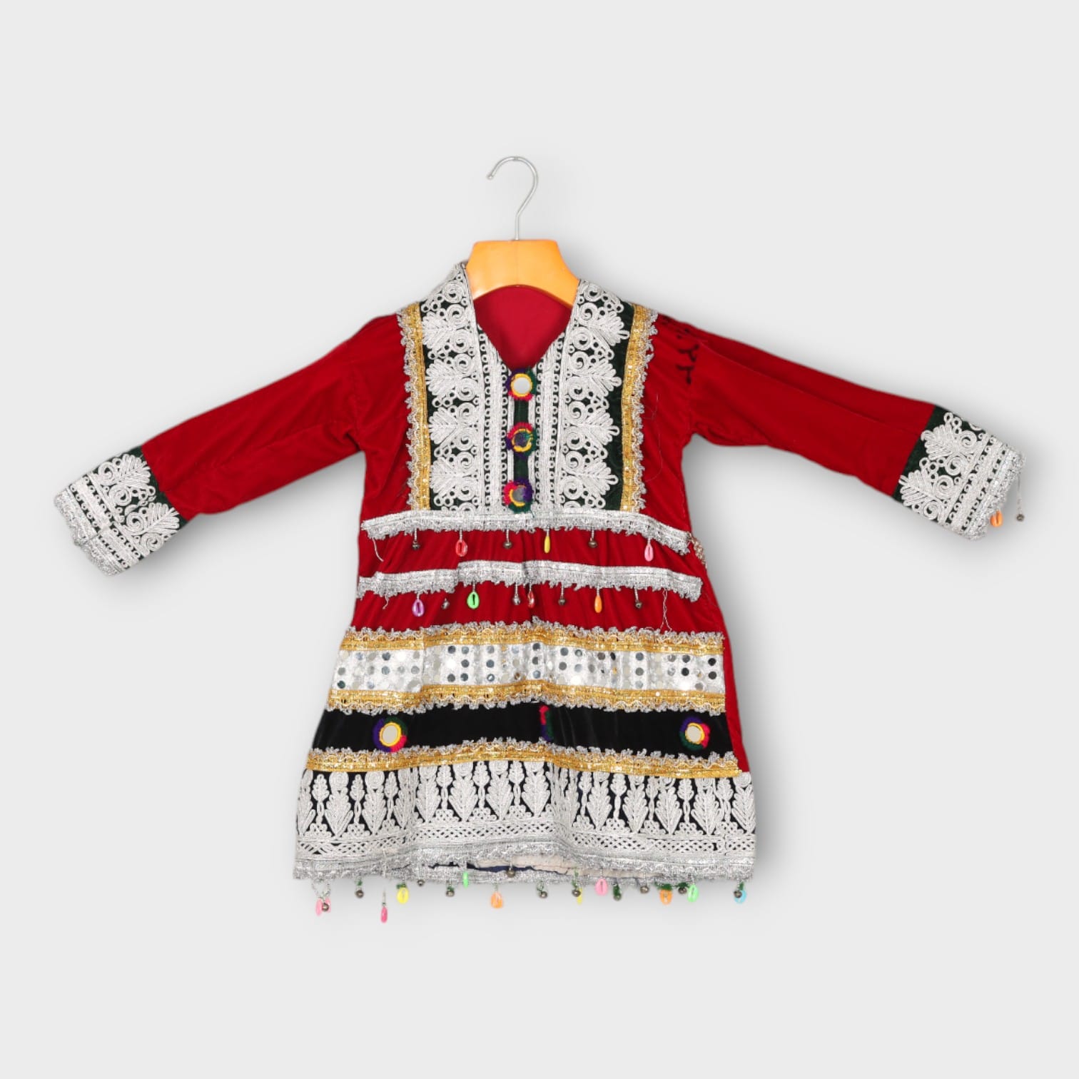 Red Traditional Afghani Baby Dress with Lace and Beaded Embellishments