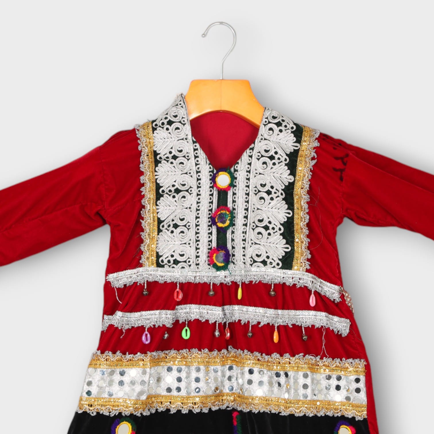 Red Traditional Afghani Baby Dress with Lace and Beaded Embellishments