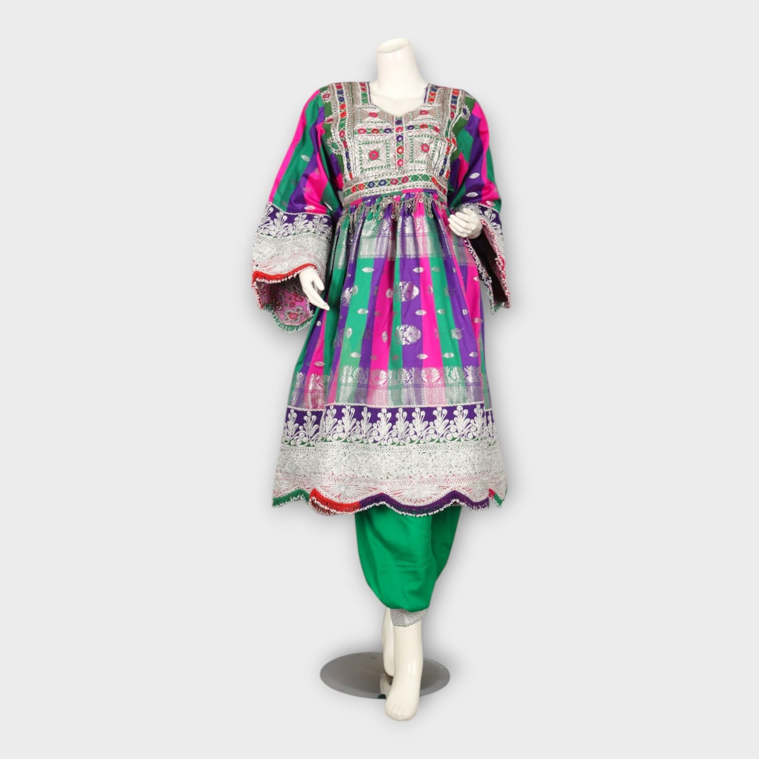 Multicolor Traditional Afghani Dress with Green Pants and Striped Dupatta