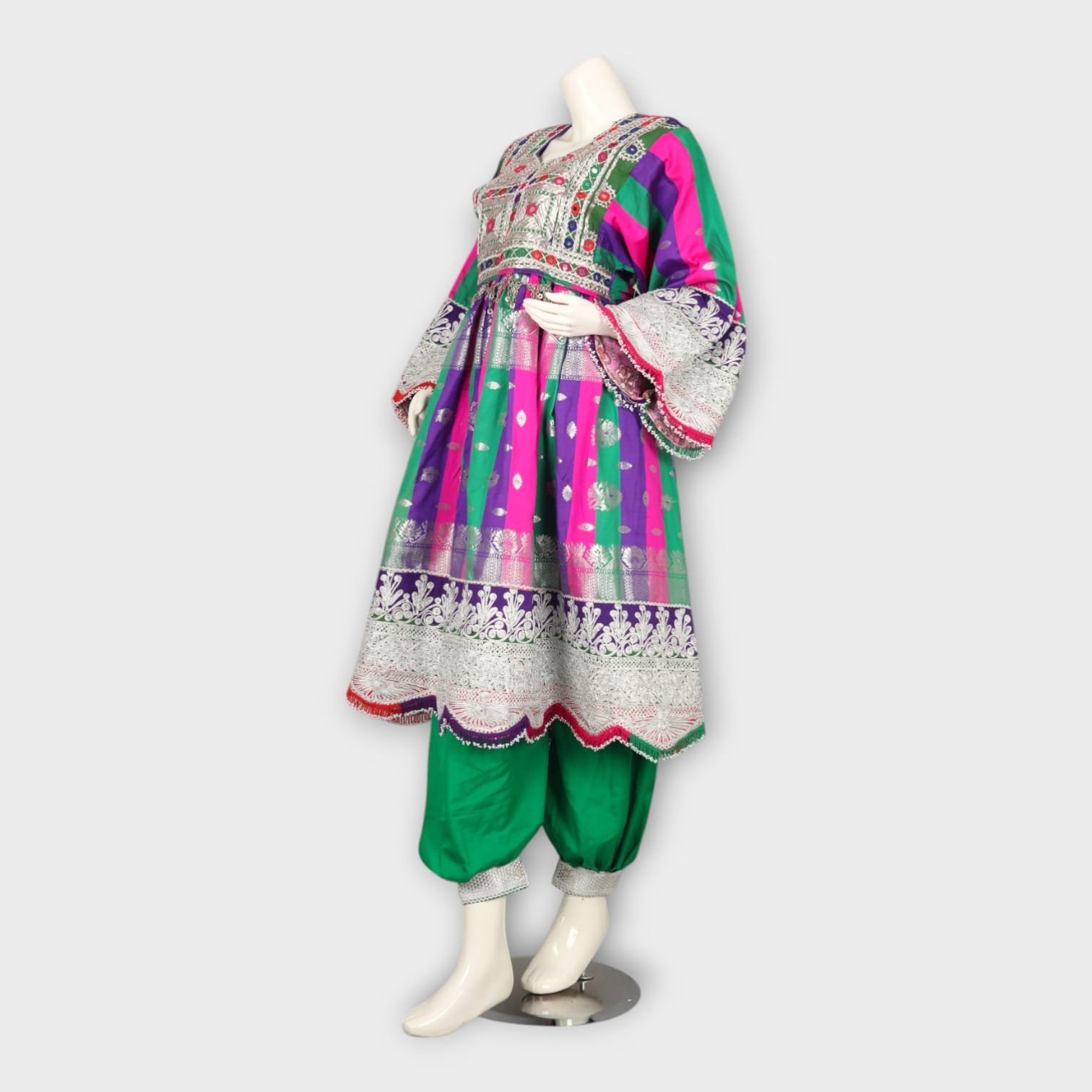 Multicolor Traditional Afghani Dress with Green Pants and Striped Dupatta