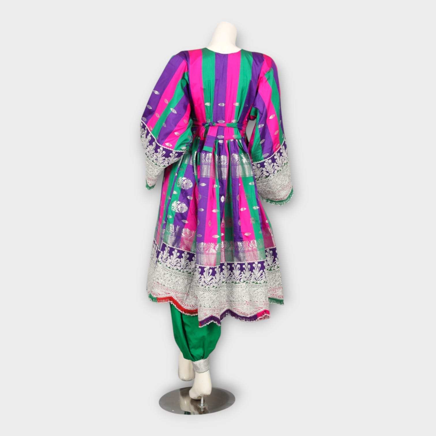 Multicolor Traditional Afghani Dress with Green Pants and Striped Dupatta