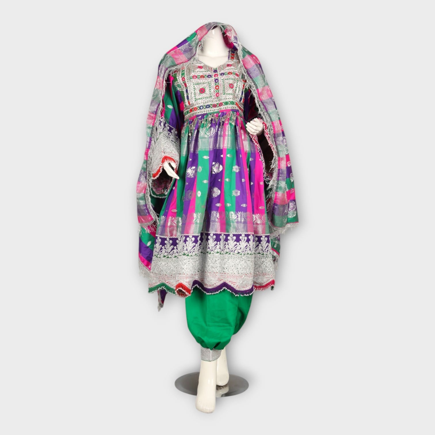 Multicolor Traditional Afghani Dress with Green Pants and Striped Dupatta