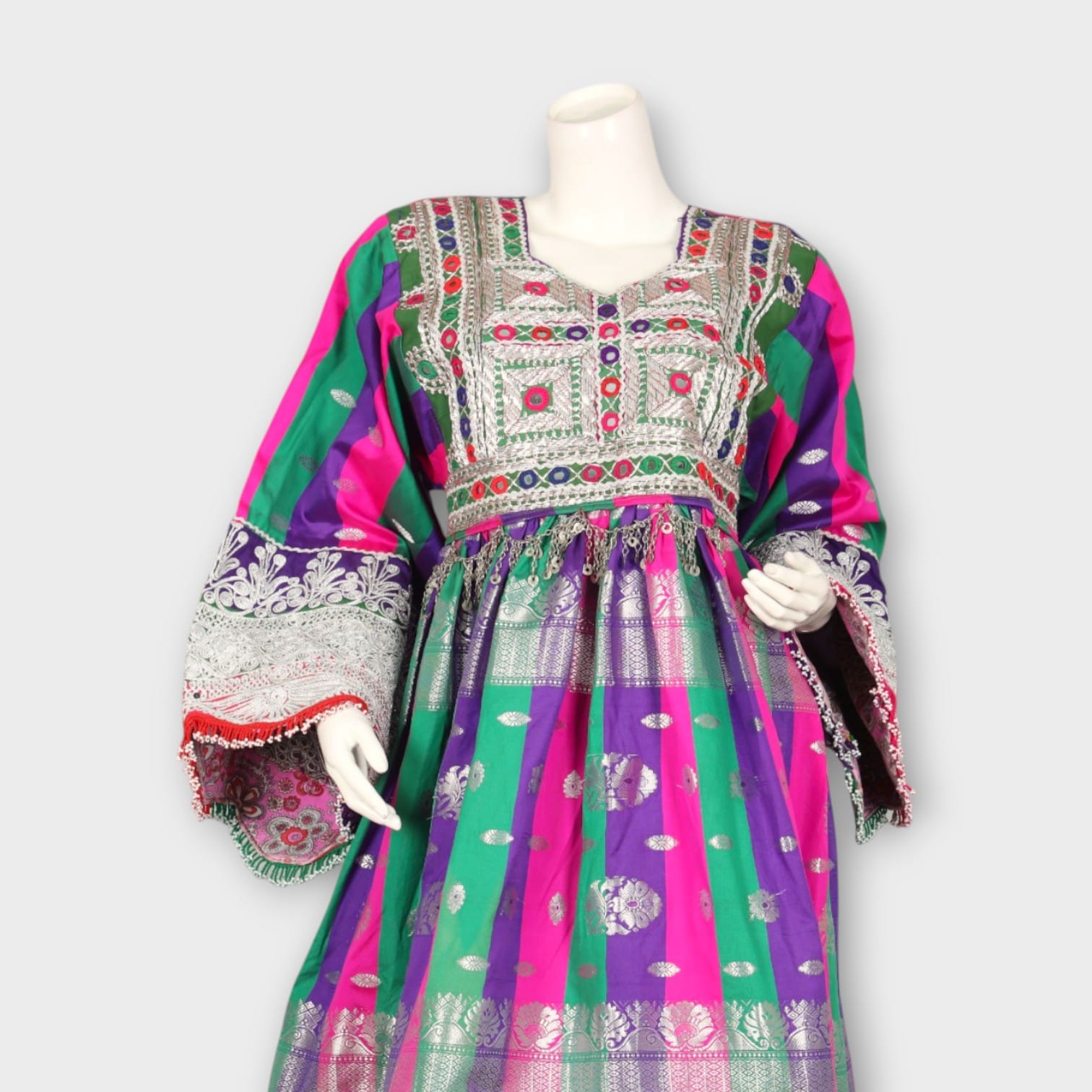 Multicolor Traditional Afghani Dress with Green Pants and Striped Dupatta