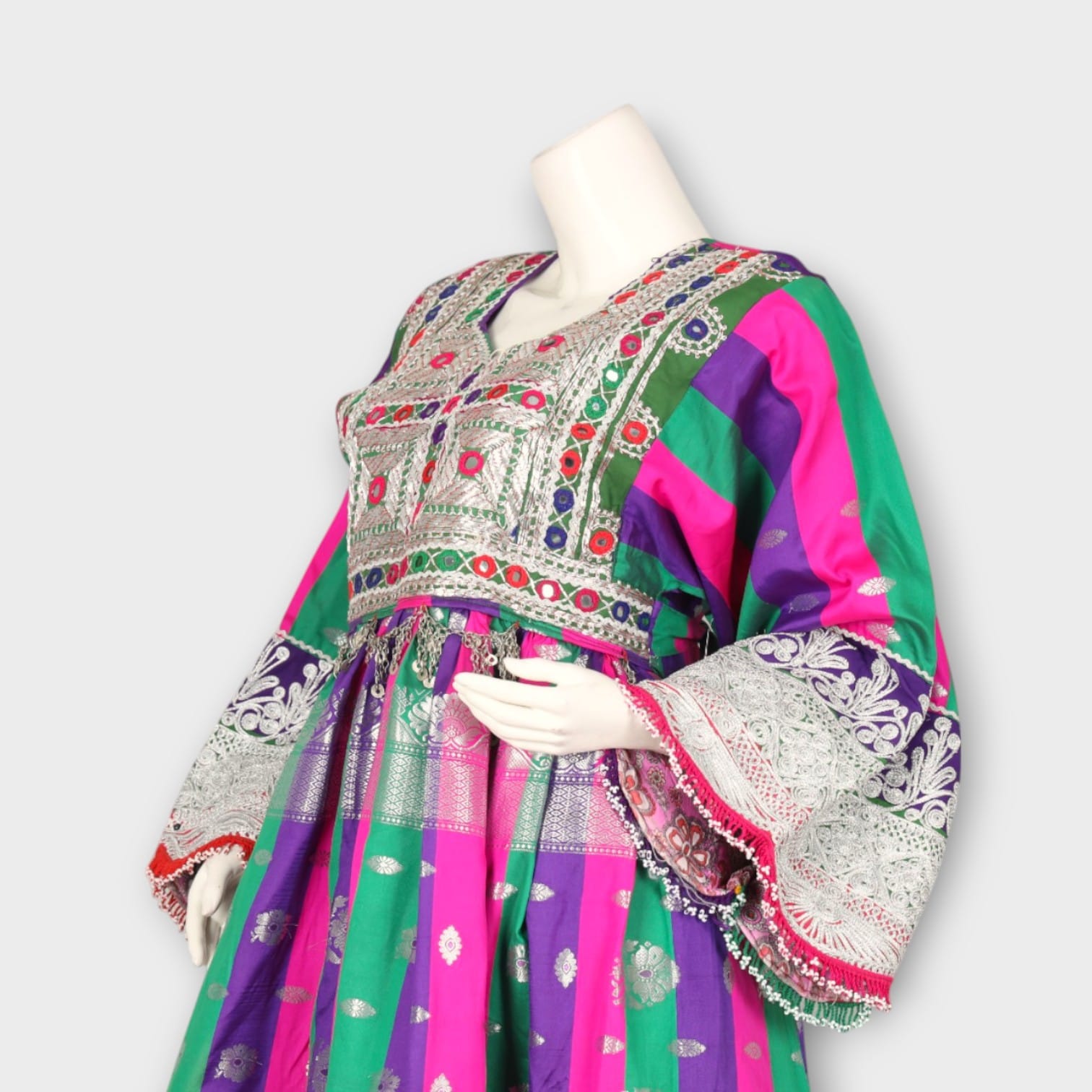 Multicolor Traditional Afghani Dress with Green Pants and Striped Dupatta