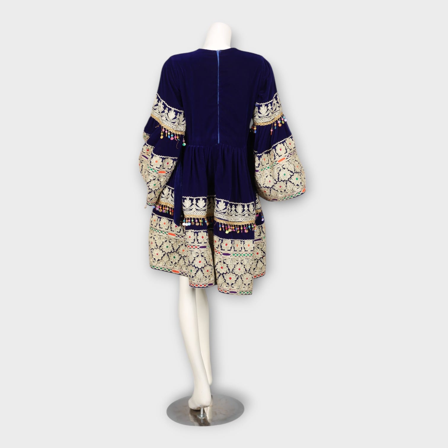 Navy Blue Short Traditional Afghani Dress with Cream Embroidery and Flared Sleeves