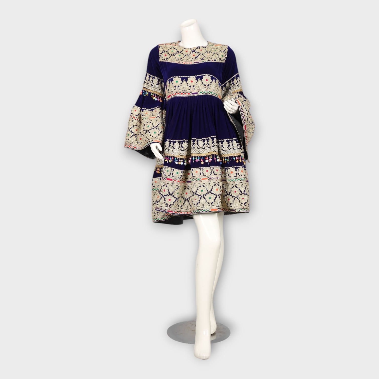 Navy Blue Short Traditional Afghani Dress with Cream Embroidery and Flared Sleeves