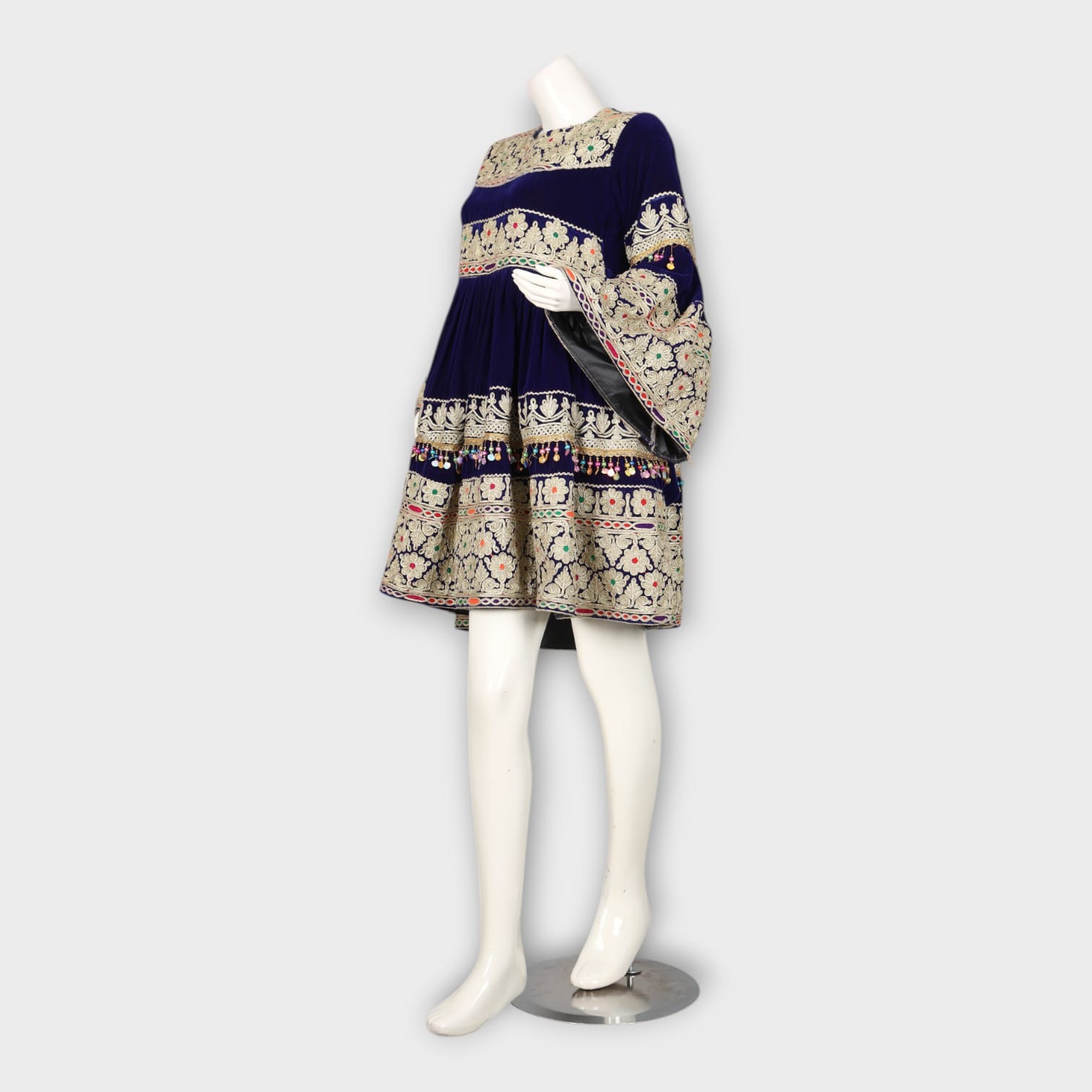 Navy Blue Short Traditional Afghani Dress with Cream Embroidery and Flared Sleeves