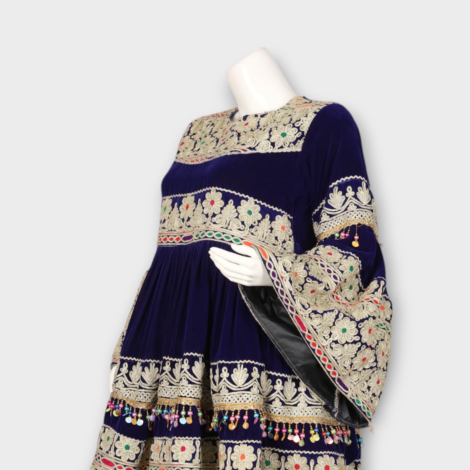 Navy Blue Short Traditional Afghani Dress with Cream Embroidery and Flared Sleeves