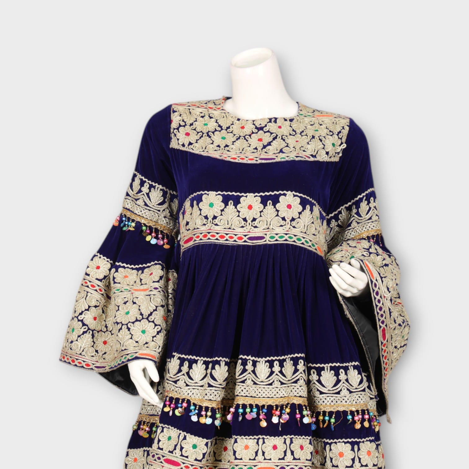 Navy Blue Short Traditional Afghani Dress with Cream Embroidery and Flared Sleeves