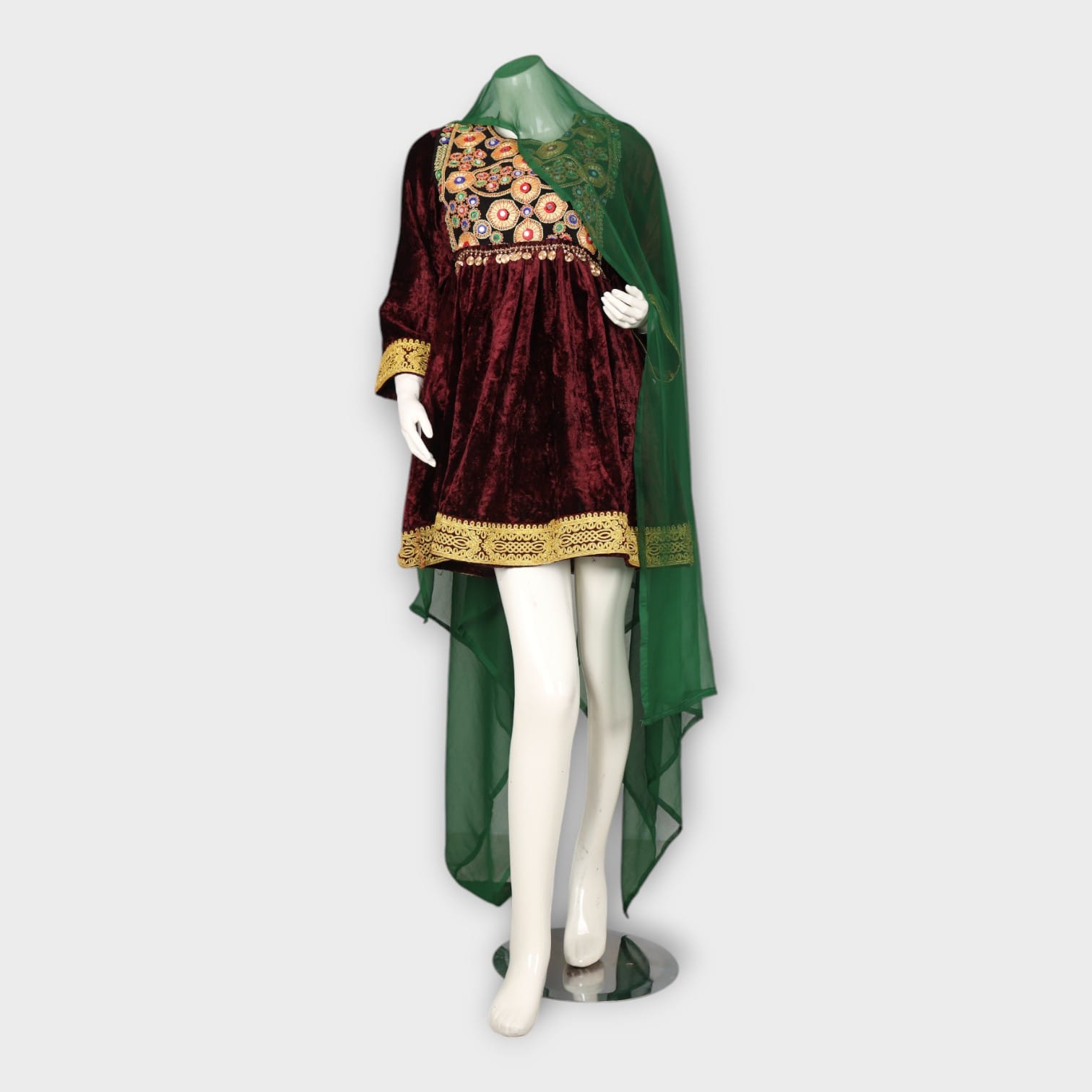 Maroon Velvet Short Traditional Afghani Dress with Golden Embroidery
