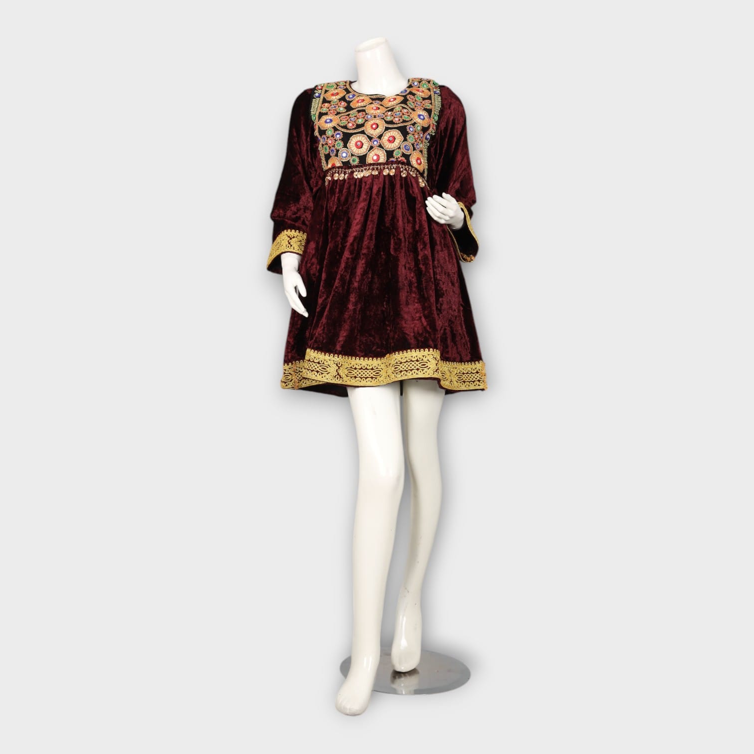 Maroon Velvet Short Traditional Afghani Dress with Golden Embroidery - Cloth Sizes Women: Large