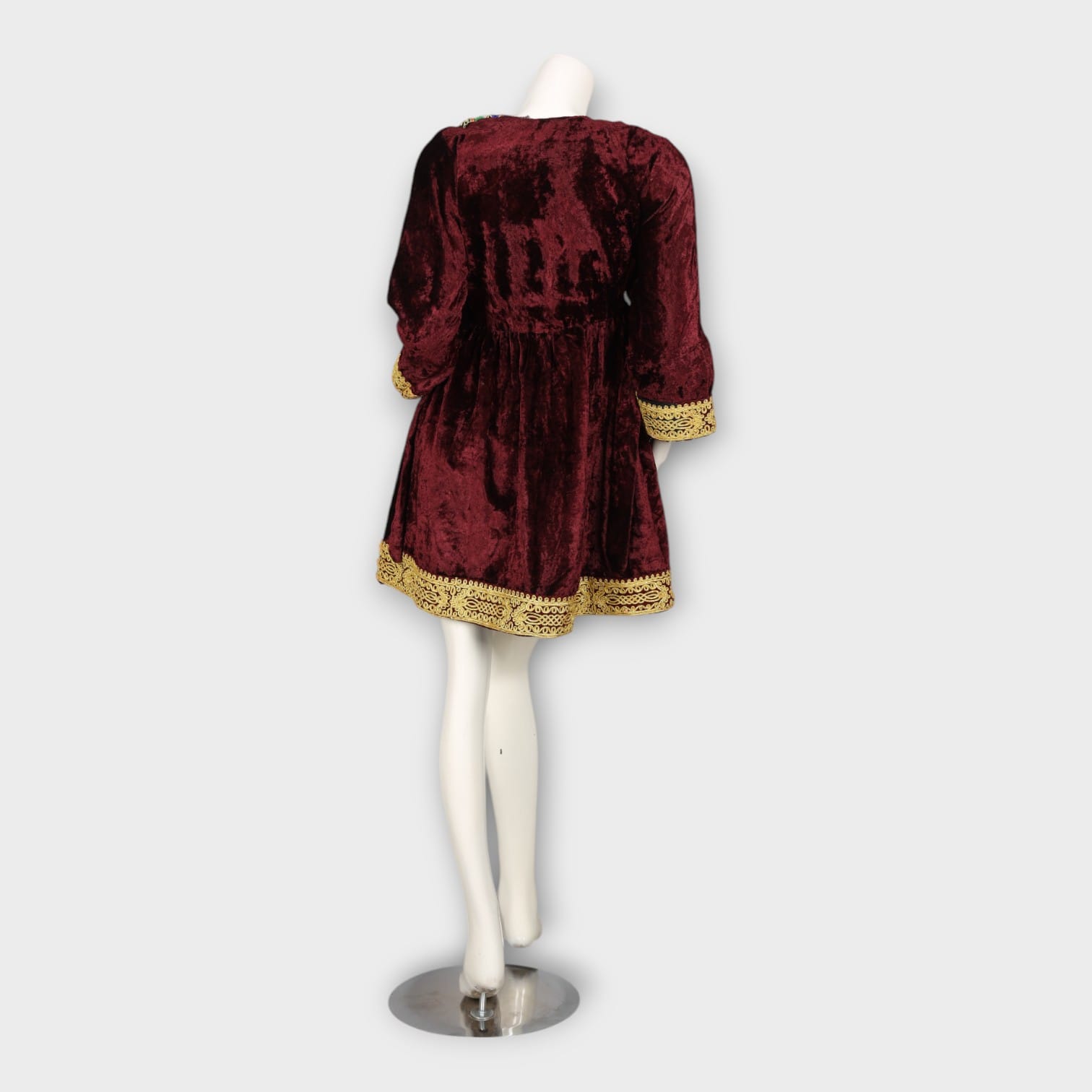 Maroon Velvet Short Traditional Afghani Dress with Golden Embroidery