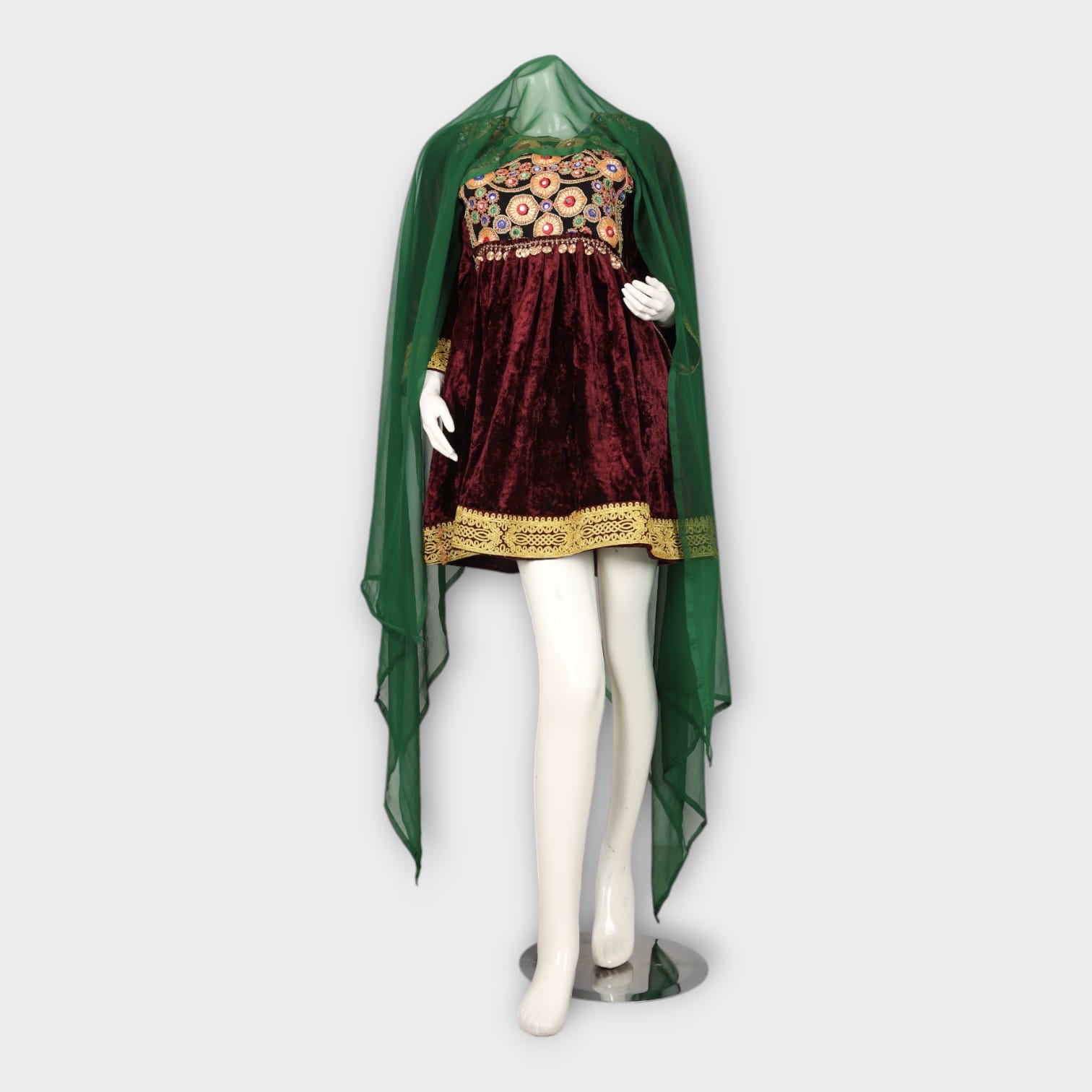 Maroon Velvet Short Traditional Afghani Dress with Golden Embroidery
