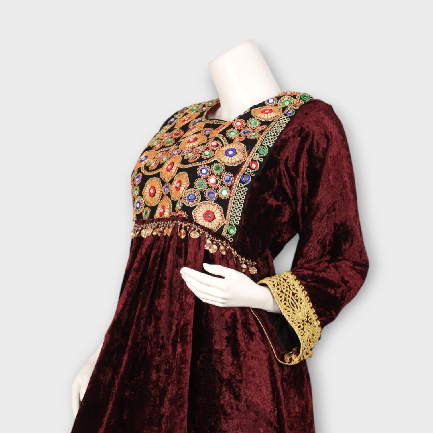 Maroon Velvet Short Traditional Afghani Dress with Golden Embroidery