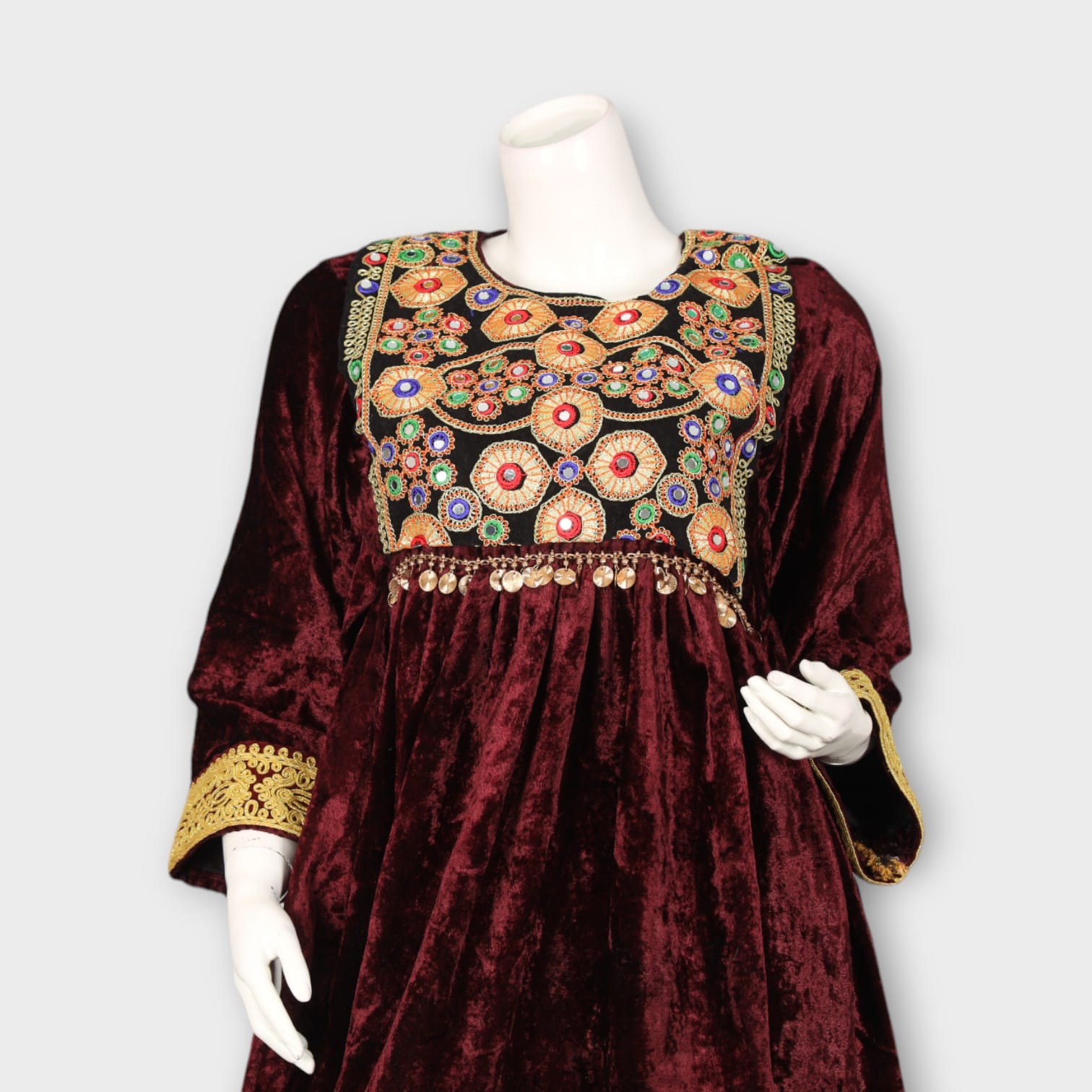 Maroon Velvet Short Traditional Afghani Dress with Golden Embroidery