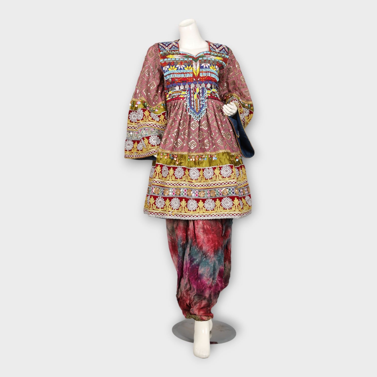 Pink Traditional Afghani Dress with Tie-Dye Pants and Colorful Embroidery
