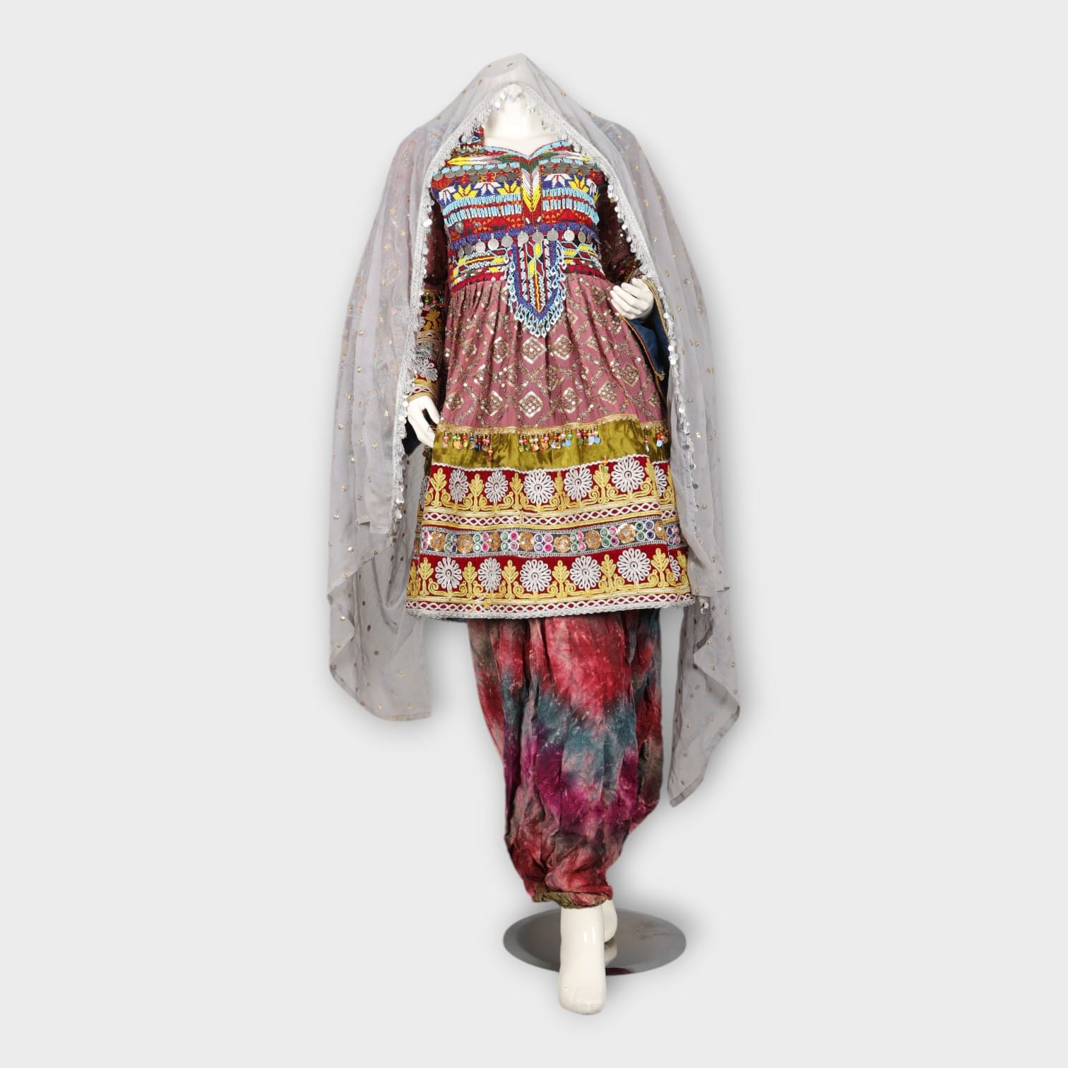 Pink Traditional Afghani Dress with Tie-Dye Pants and Colorful Embroidery