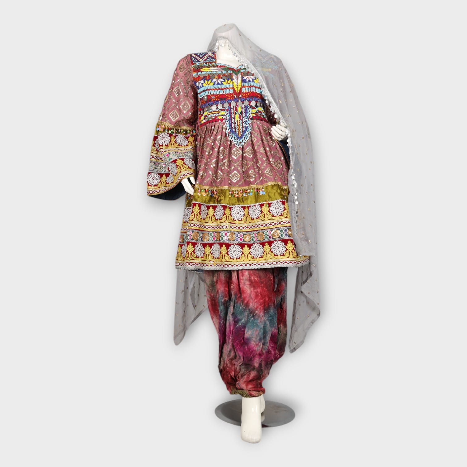 Pink Traditional Afghani Dress with Tie-Dye Pants and Colorful Embroidery