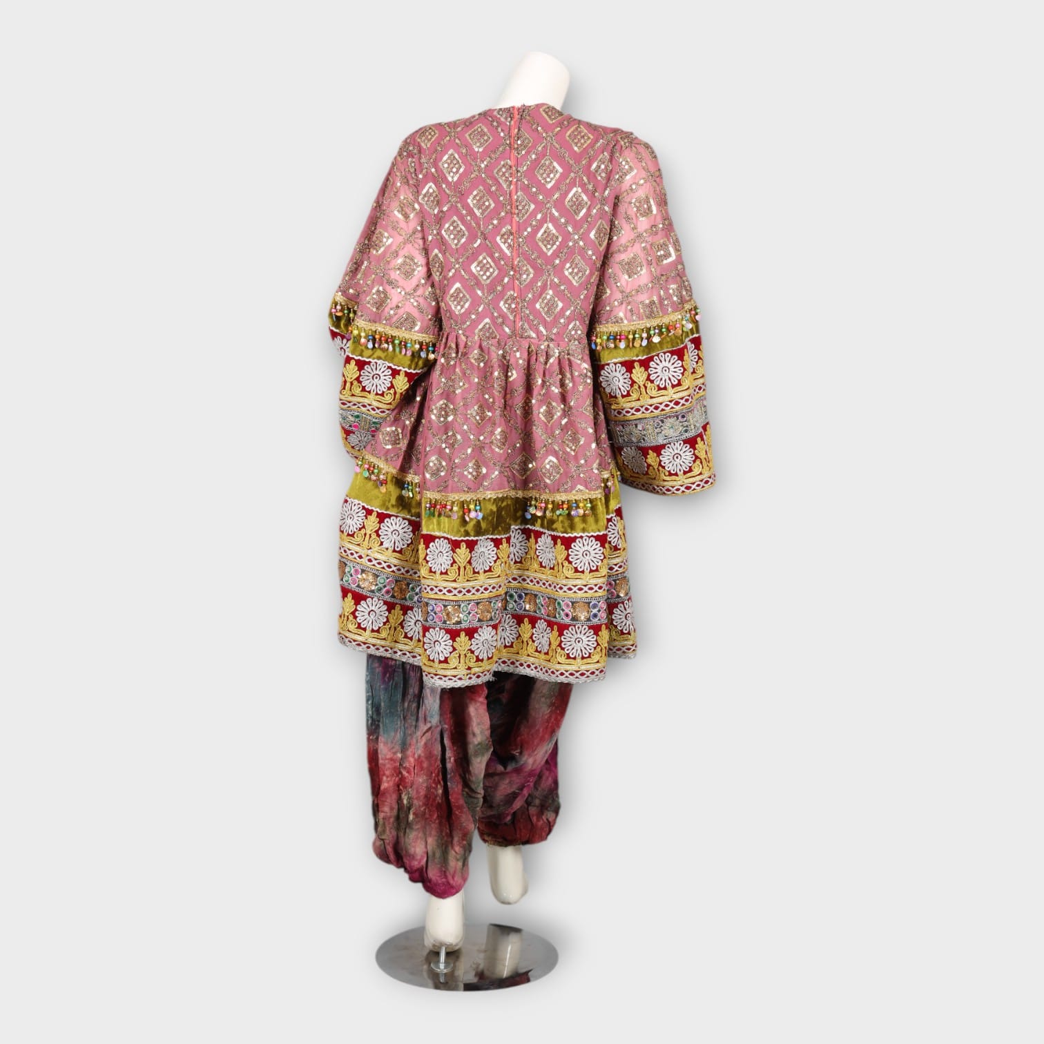 Pink Traditional Afghani Dress with Tie-Dye Pants and Colorful Embroidery