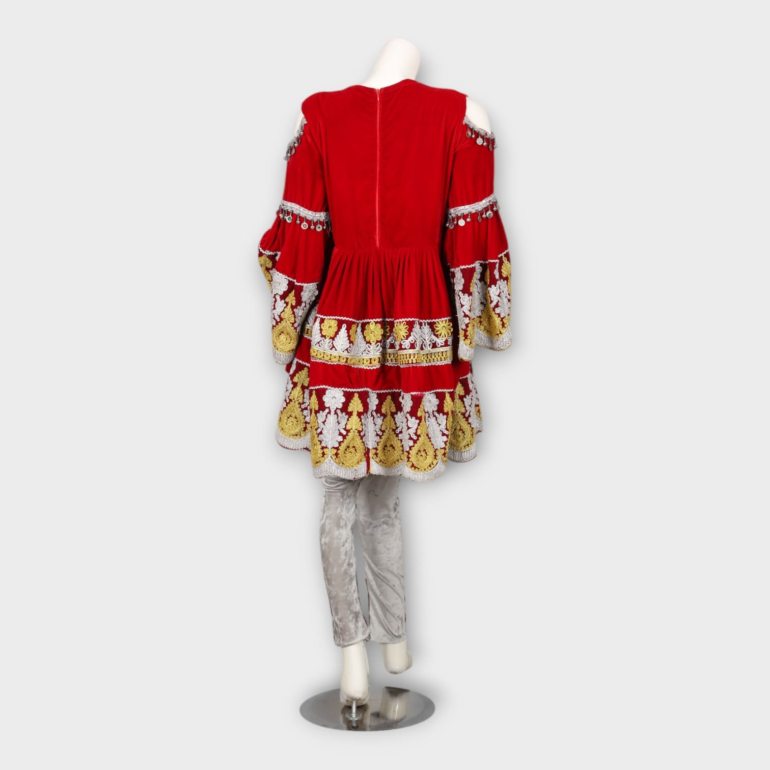 Red and Gold Traditional Afghani Dress with Silver Trousers and Embroidery