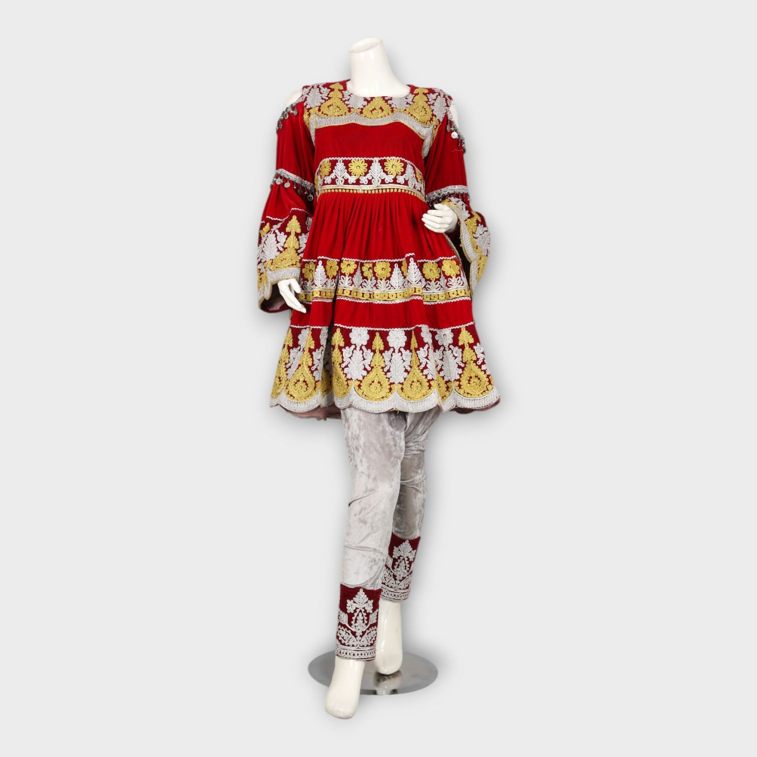 Red and Gold Traditional Afghani Dress with Silver Trousers and Embroidery