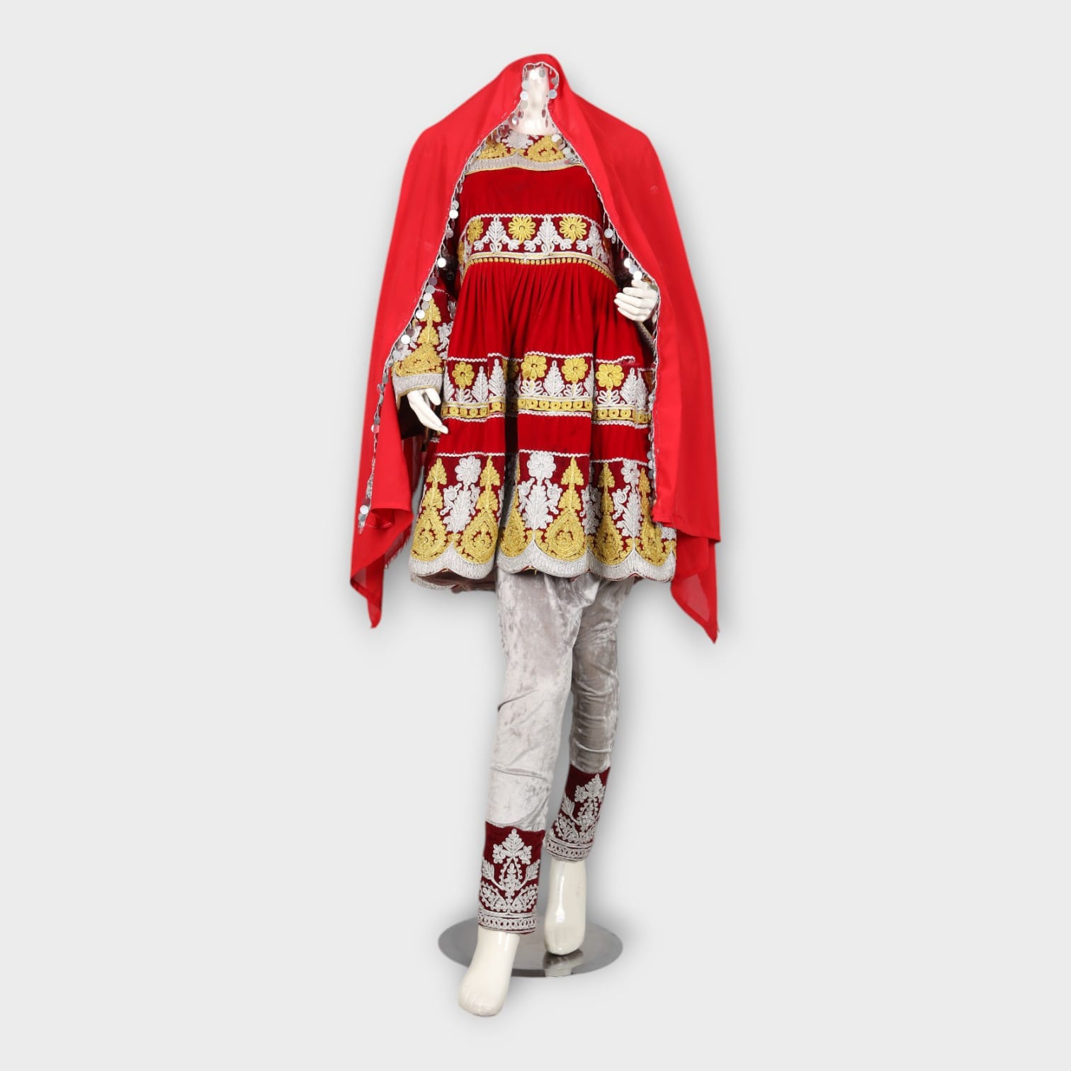 Red and Gold Traditional Afghani Dress with Silver Trousers and Embroidery