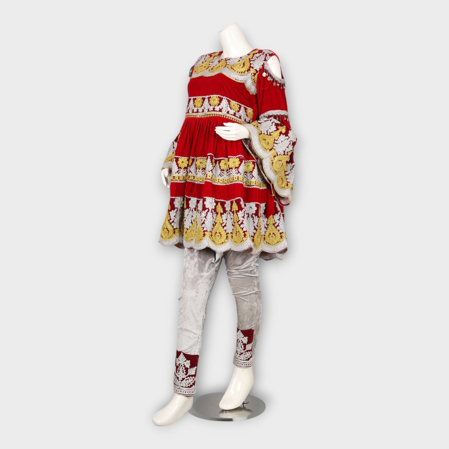 Red and Gold Traditional Afghani Dress with Silver Trousers and Embroidery