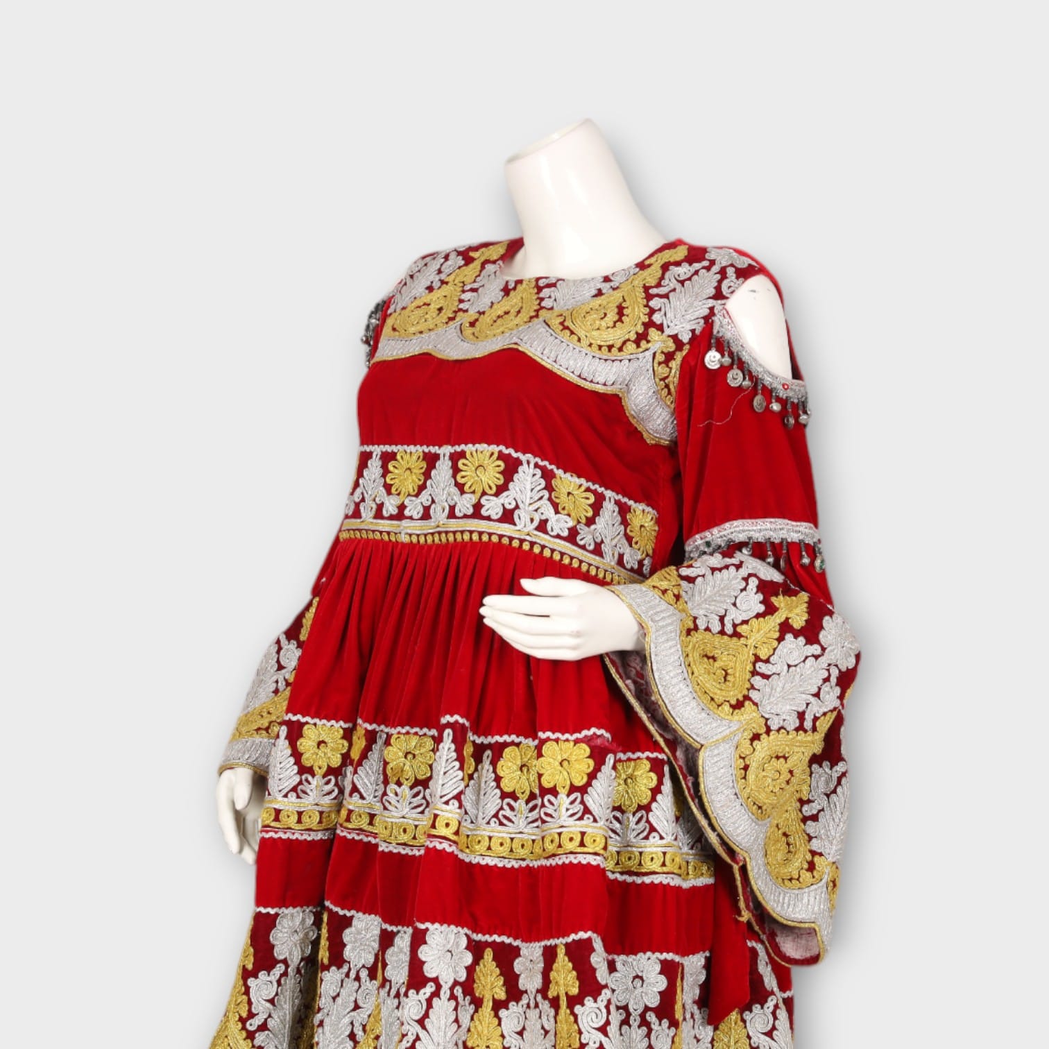 Red and Gold Traditional Afghani Dress with Silver Trousers and Embroidery
