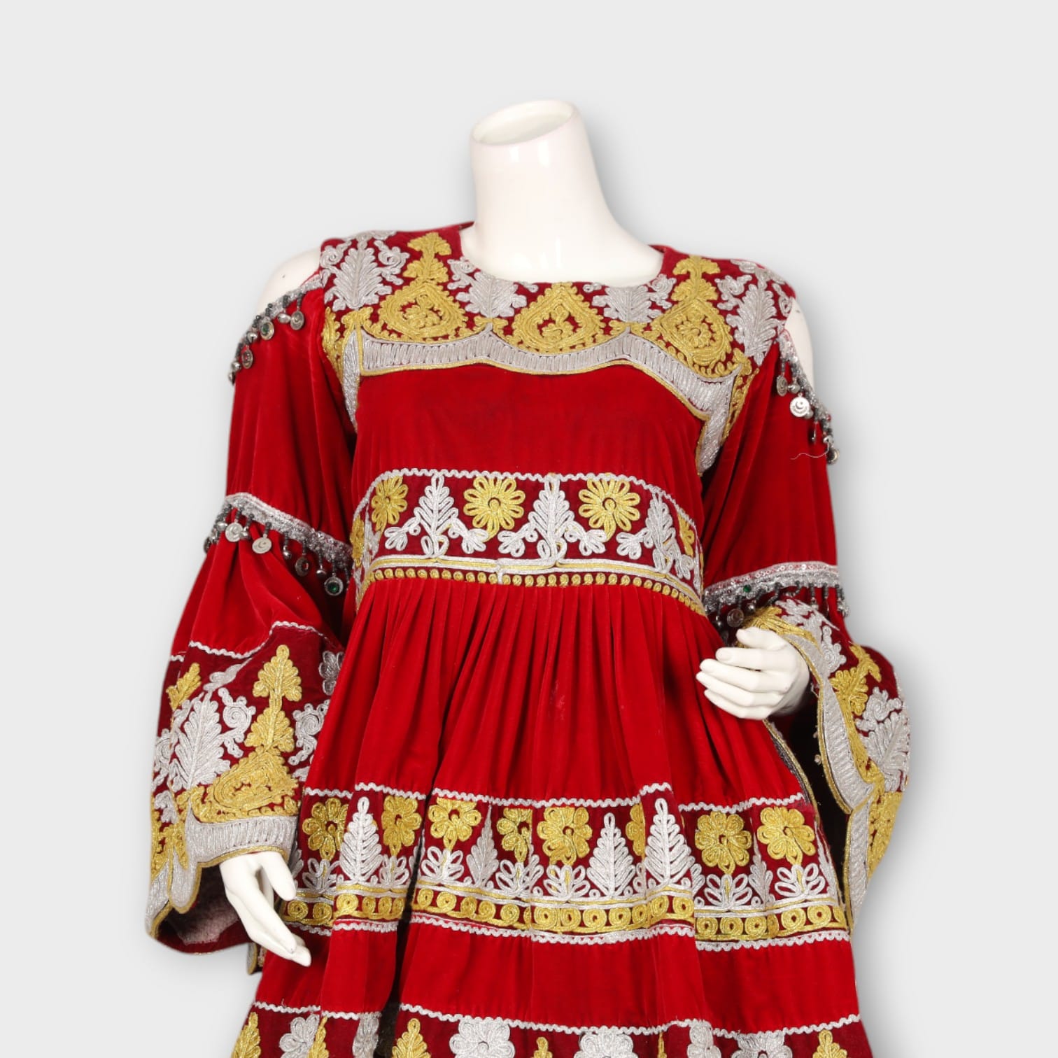 Red and Gold Traditional Afghani Dress with Silver Trousers and Embroidery