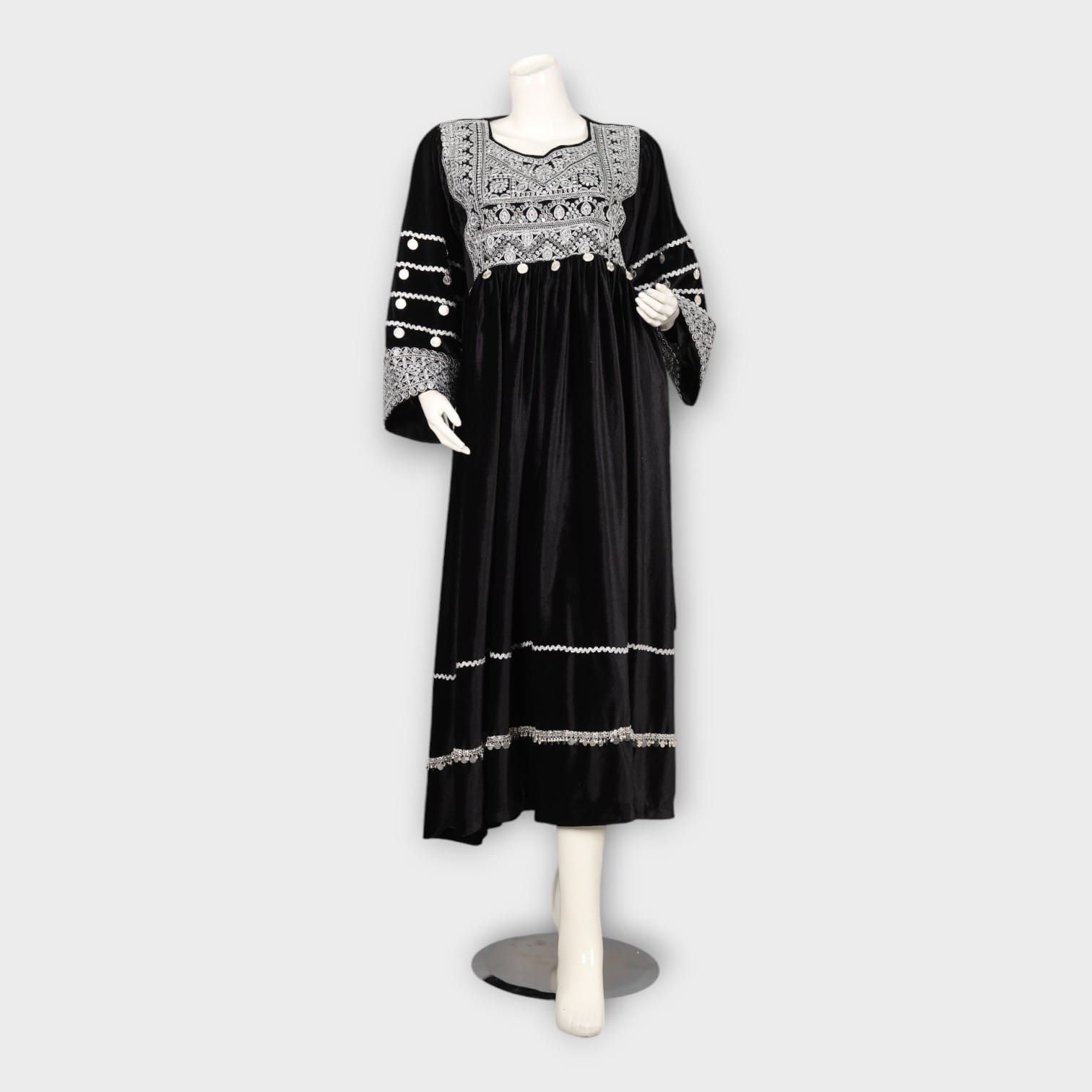 Black Velvet Traditional Afghani Dress with White Embroidery and Coin Detailing - Cloth Sizes Women: Medium