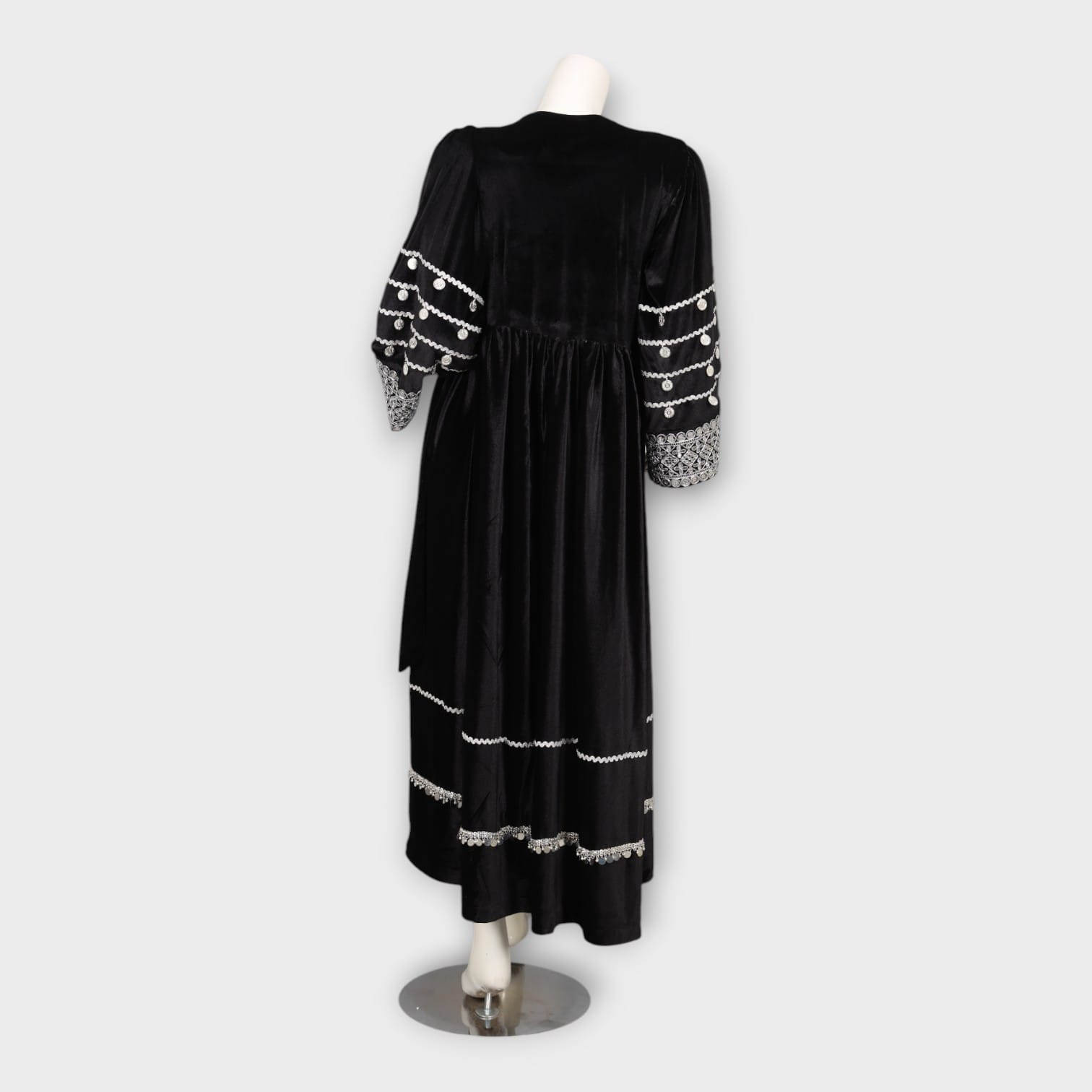 Black Velvet Traditional Afghani Dress with White Embroidery and Coin Detailing