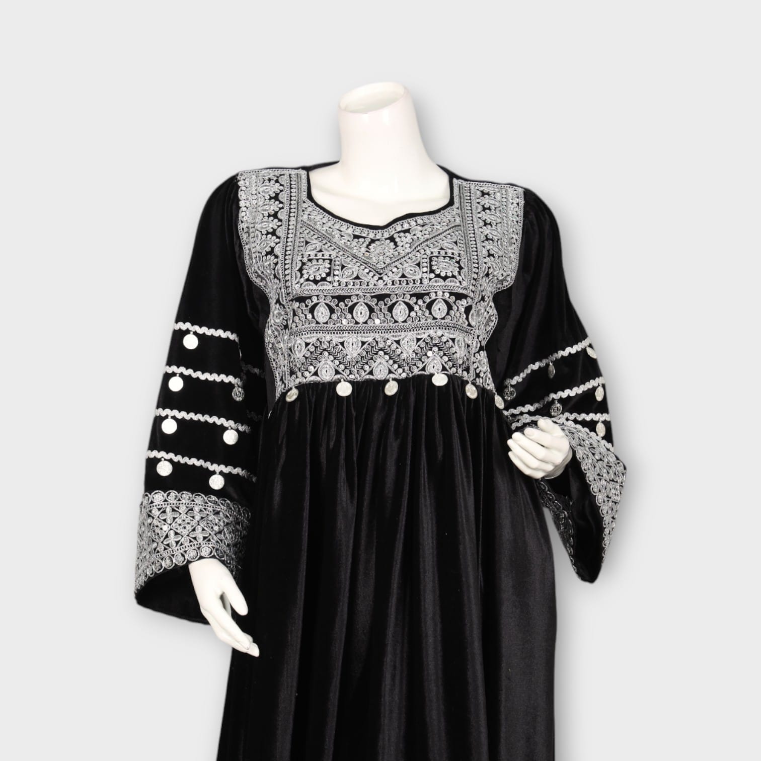 Black Velvet Traditional Afghani Dress with White Embroidery and Coin Detailing - Cloth Sizes Women: Medium