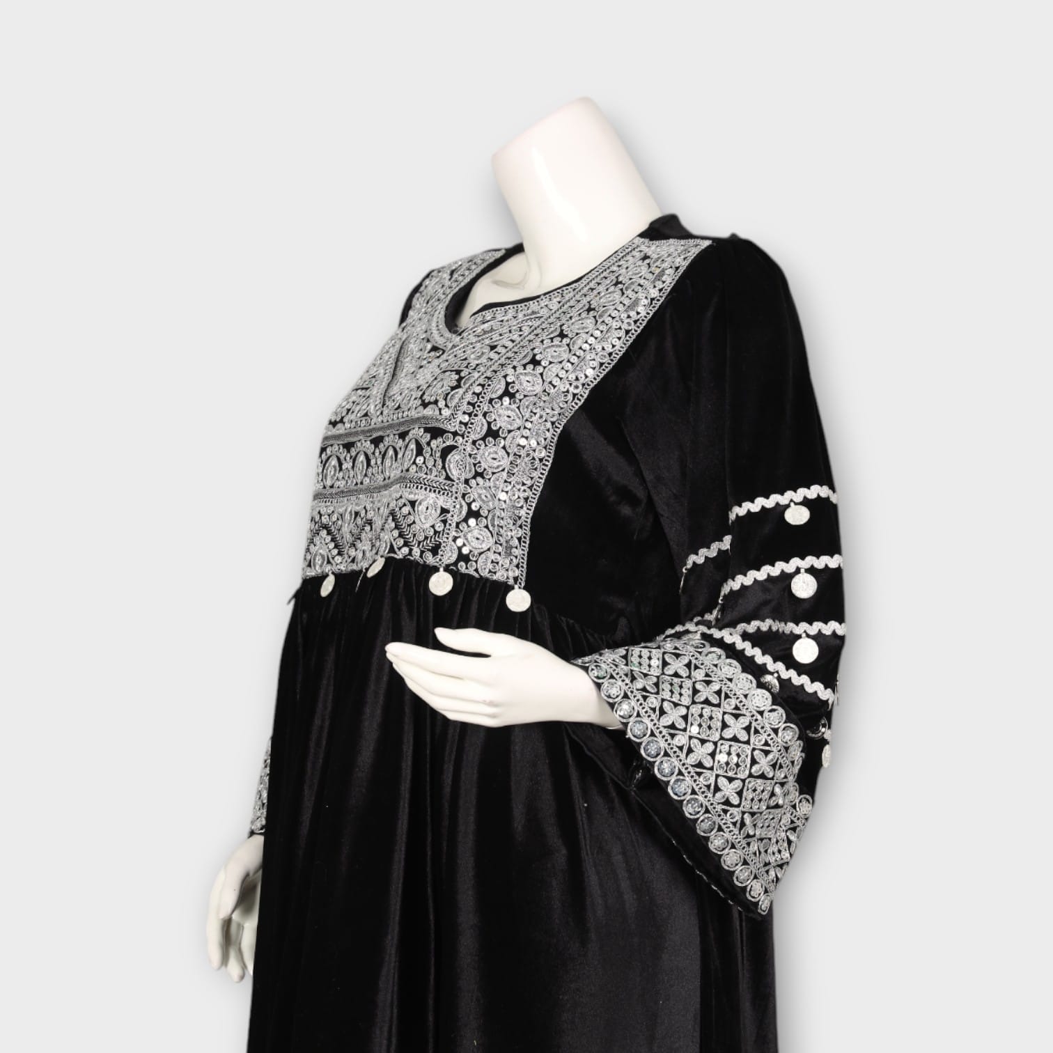 Black Velvet Traditional Afghani Dress with White Embroidery and Coin Detailing