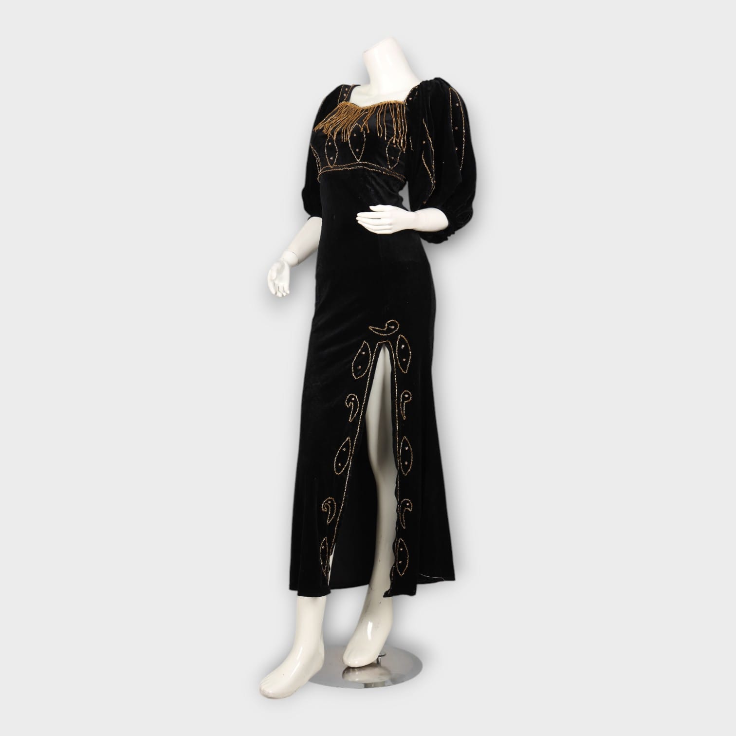 Black Velvet Evening Dress with Gold Beaded Embroidery and Side Slit
