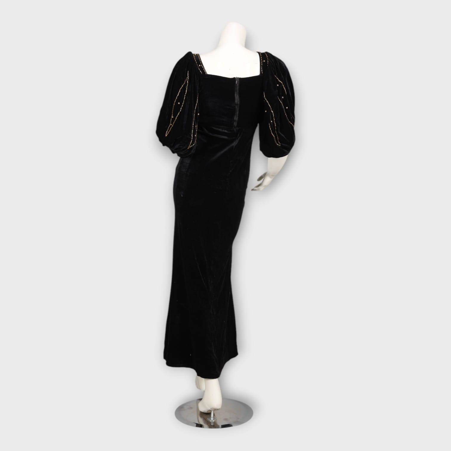 Black Velvet Evening Dress with Gold Beaded Embroidery and Side Slit
