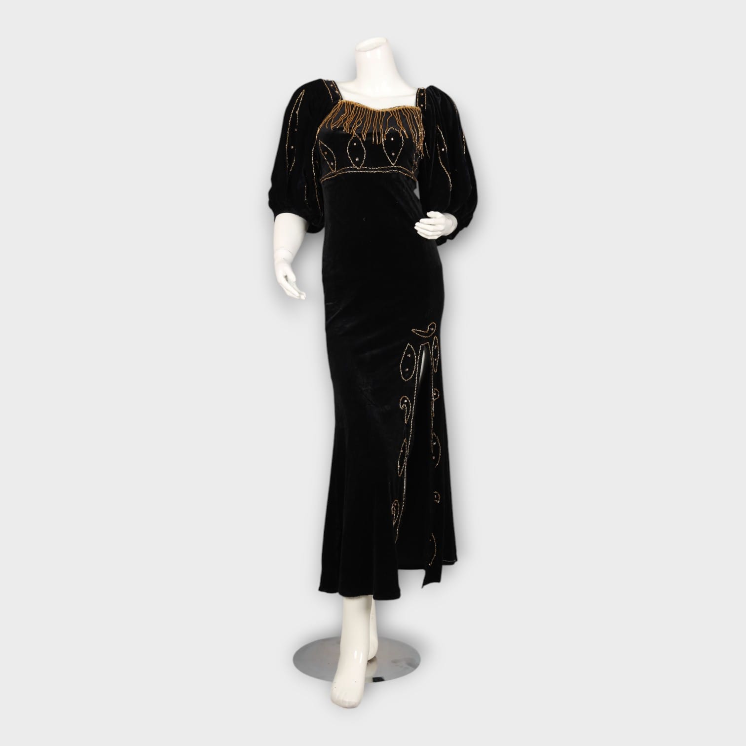 Black Velvet Evening Dress with Gold Beaded Embroidery and Side Slit