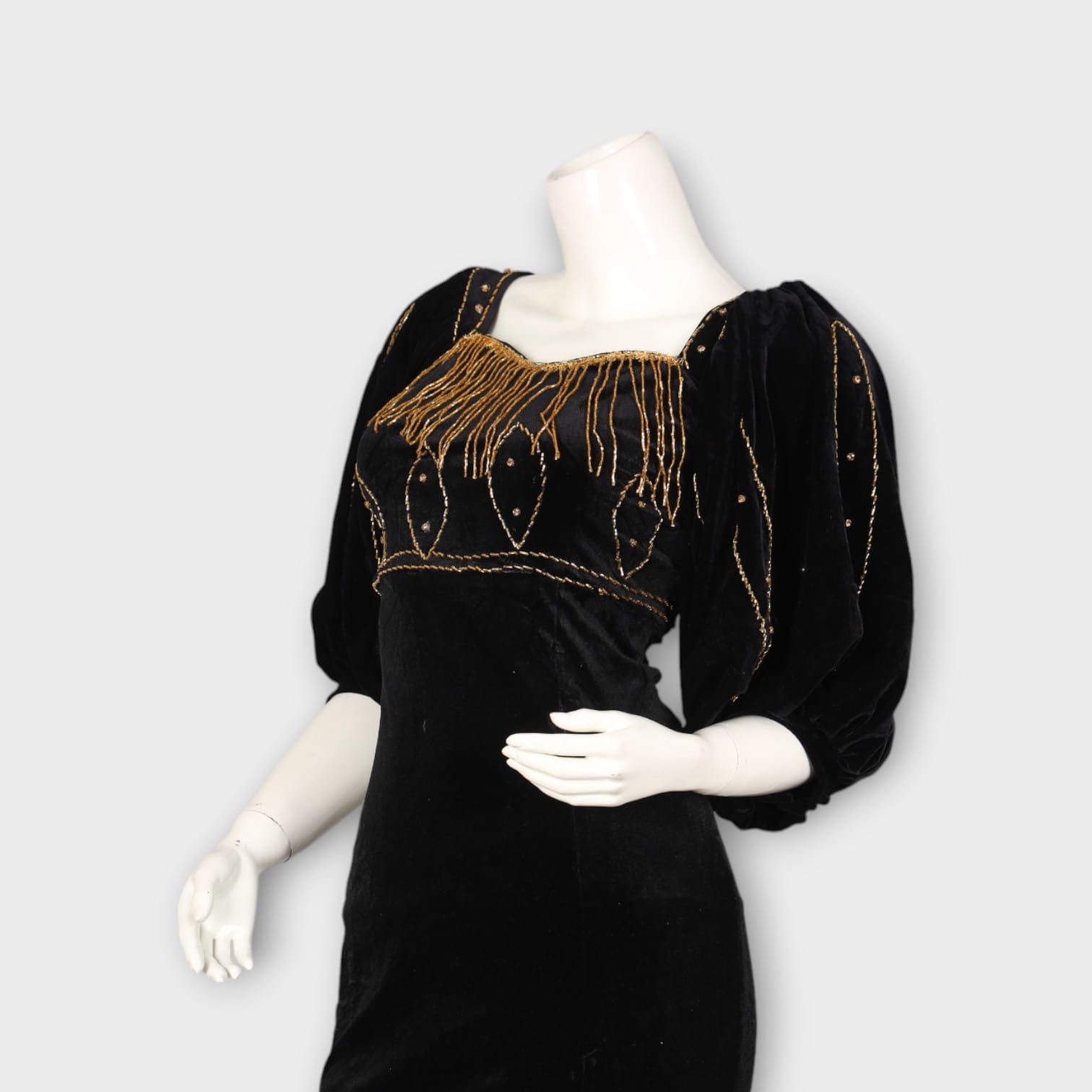 Black Velvet Evening Dress with Gold Beaded Embroidery and Side Slit