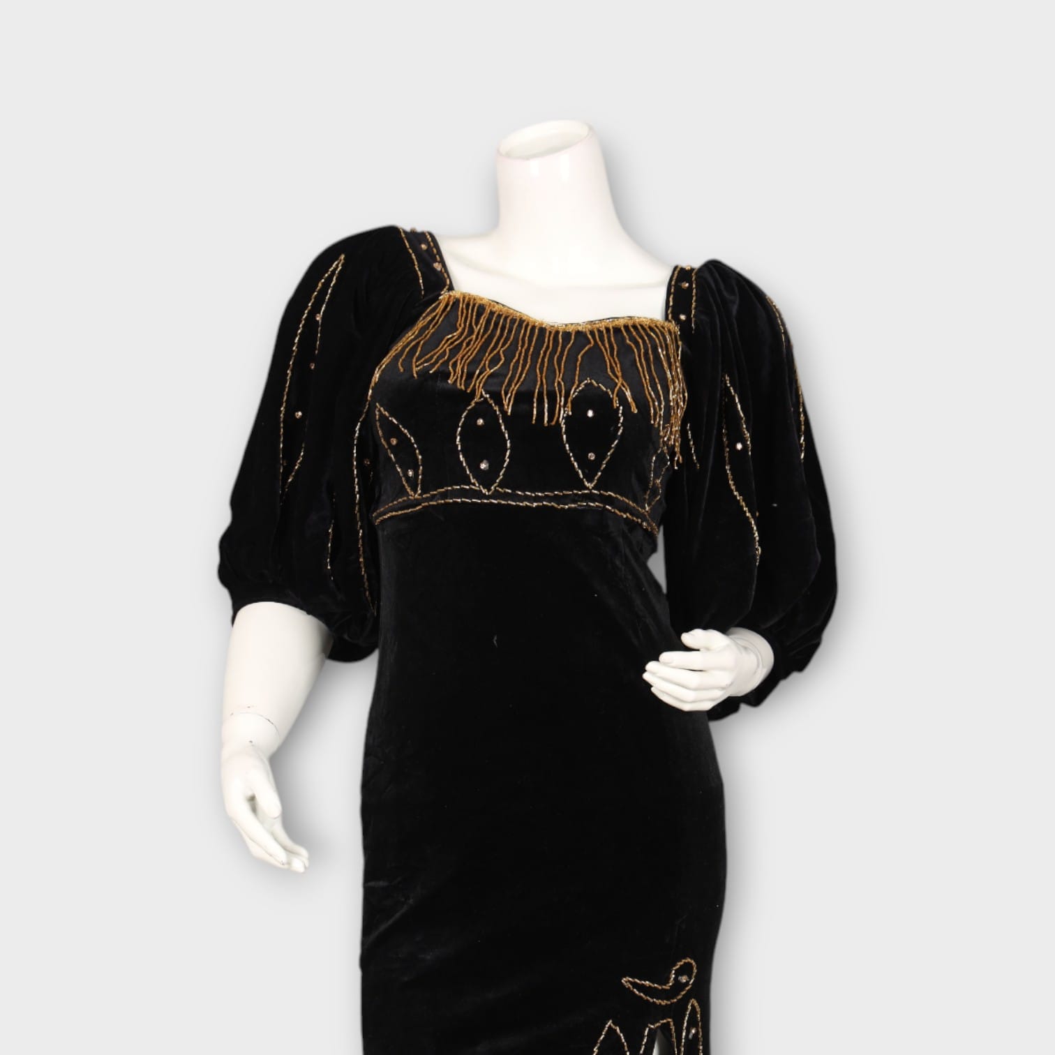 Black Velvet Evening Dress with Gold Beaded Embroidery and Side Slit