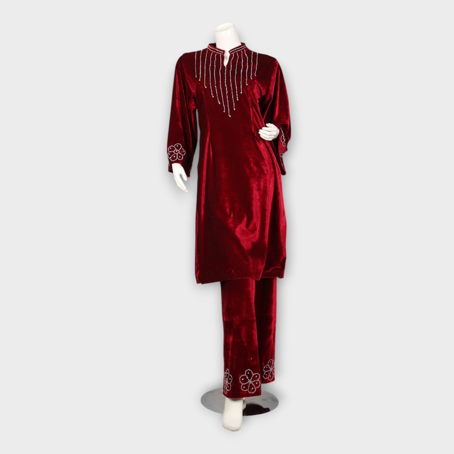 Maroon Velvet Afghani Suit with Beaded Neckline and Floral Embroidery