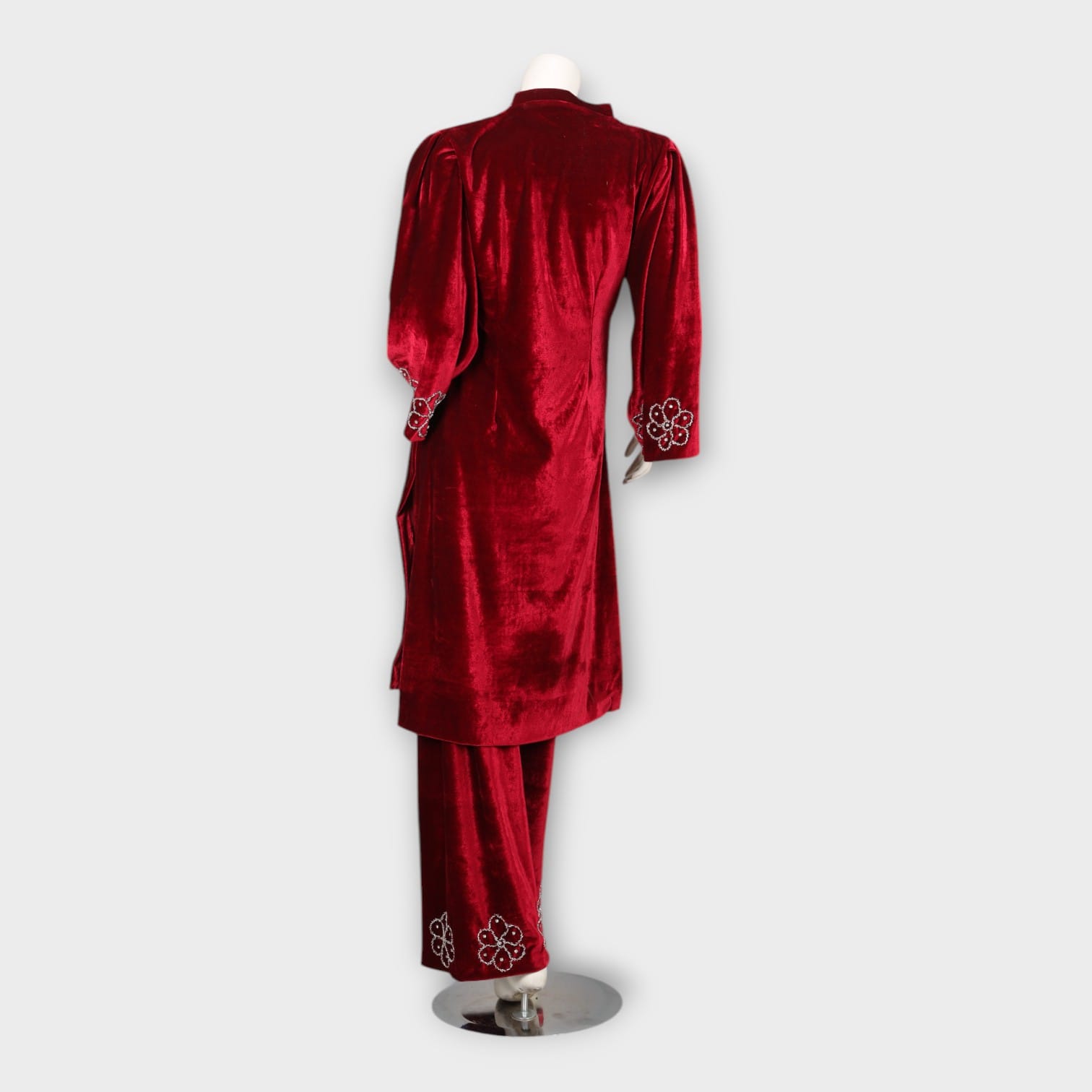 Maroon Velvet Afghani Suit with Beaded Neckline and Floral Embroidery