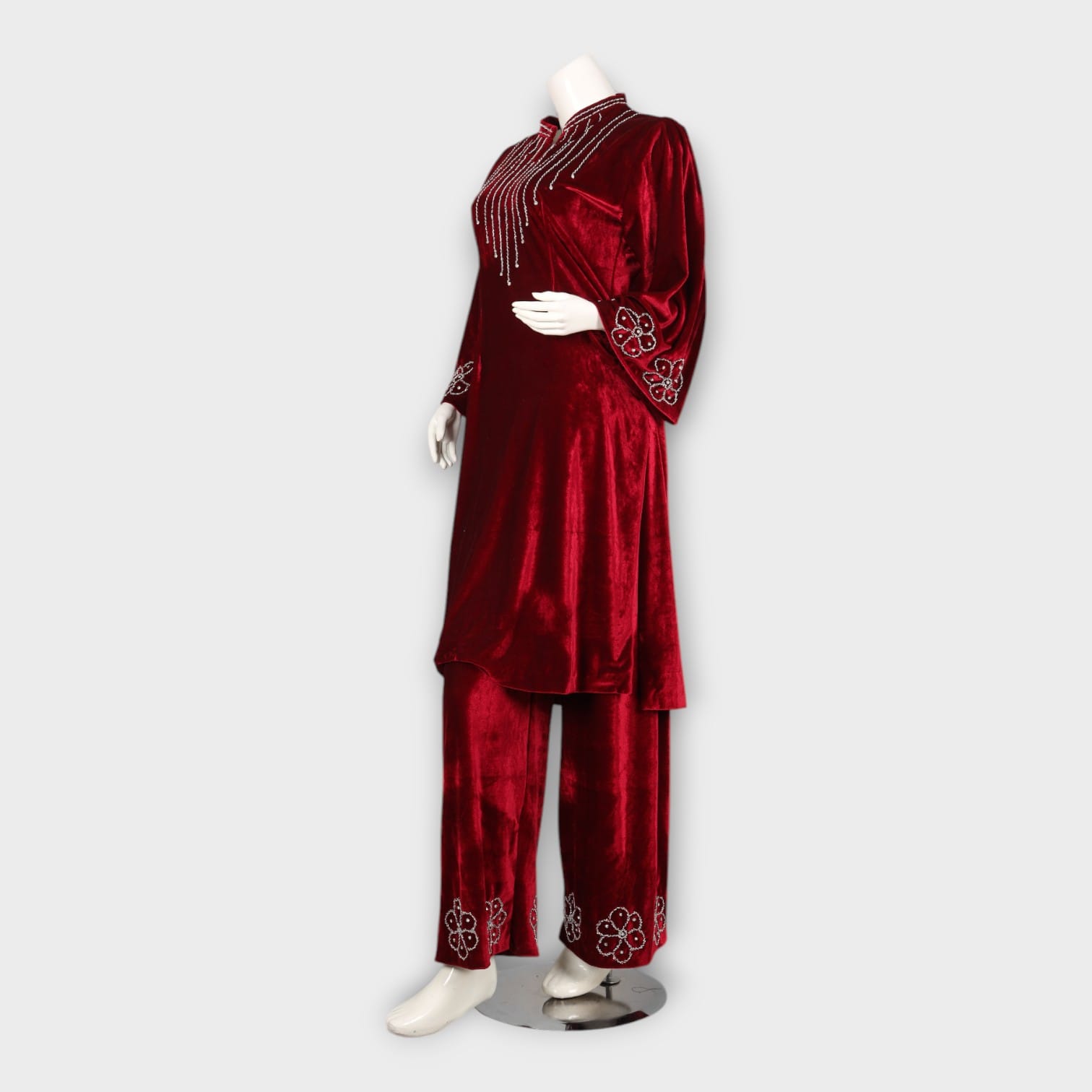 Maroon Velvet Afghani Suit with Beaded Neckline and Floral Embroidery