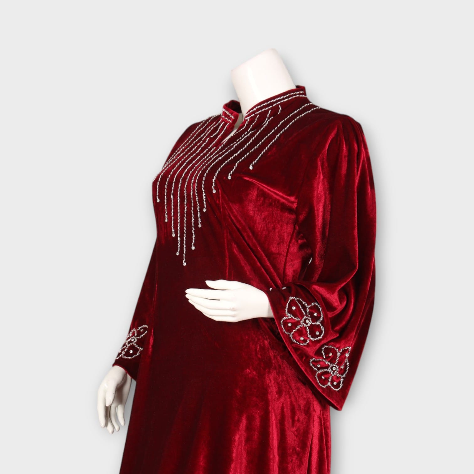 Maroon Velvet Afghani Suit with Beaded Neckline and Floral Embroidery