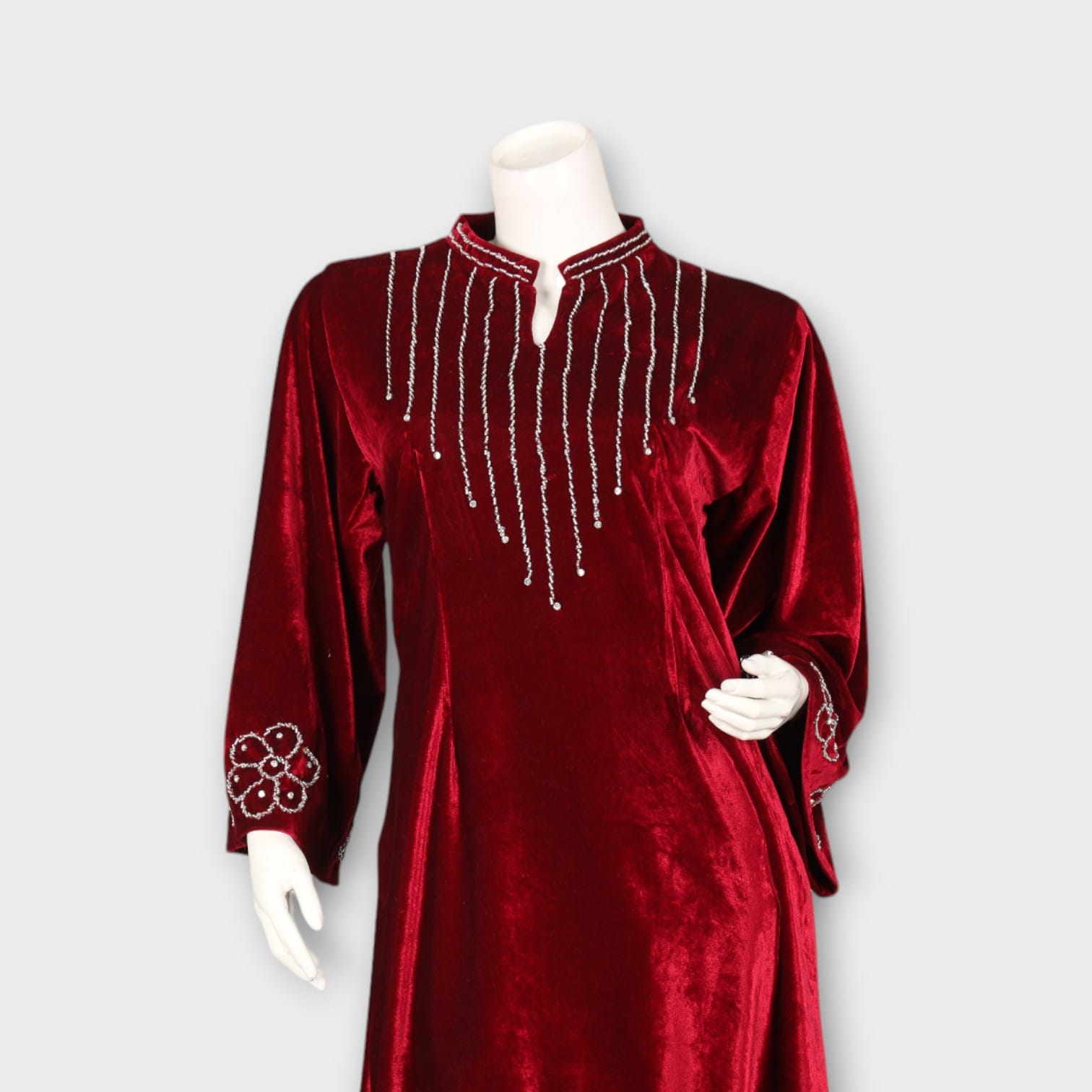 Maroon Velvet Afghani Suit with Beaded Neckline and Floral Embroidery
