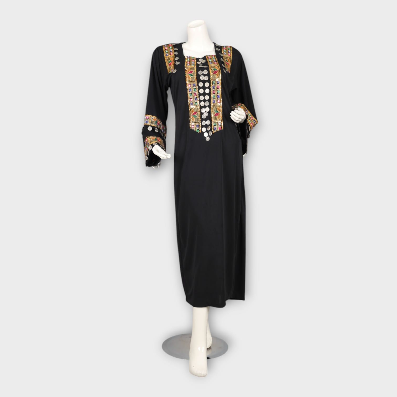 Black Traditional Afghani Dress with Colorful Embroidery and Coin Detailing