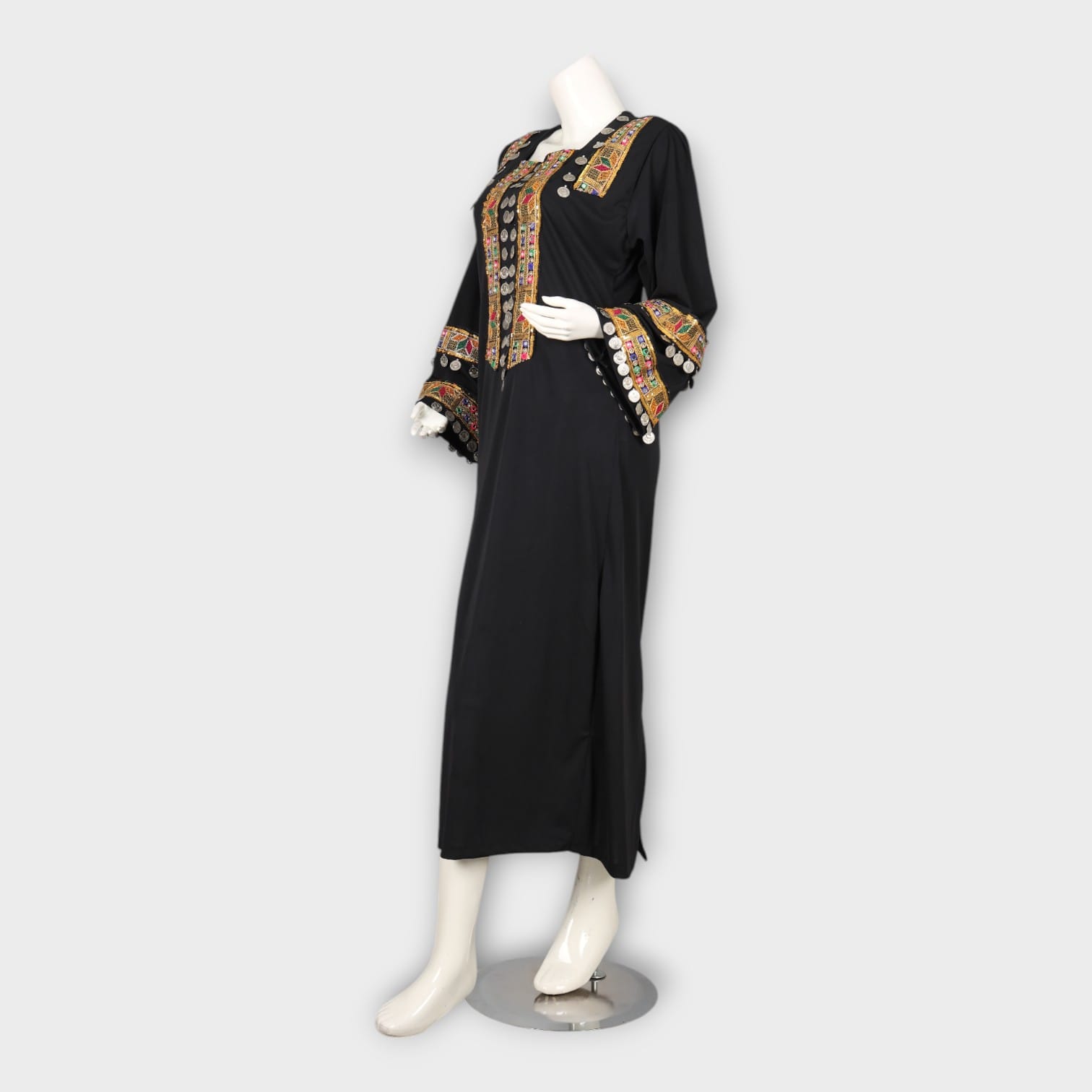 Black Traditional Afghani Dress with Colorful Embroidery and Coin Detailing