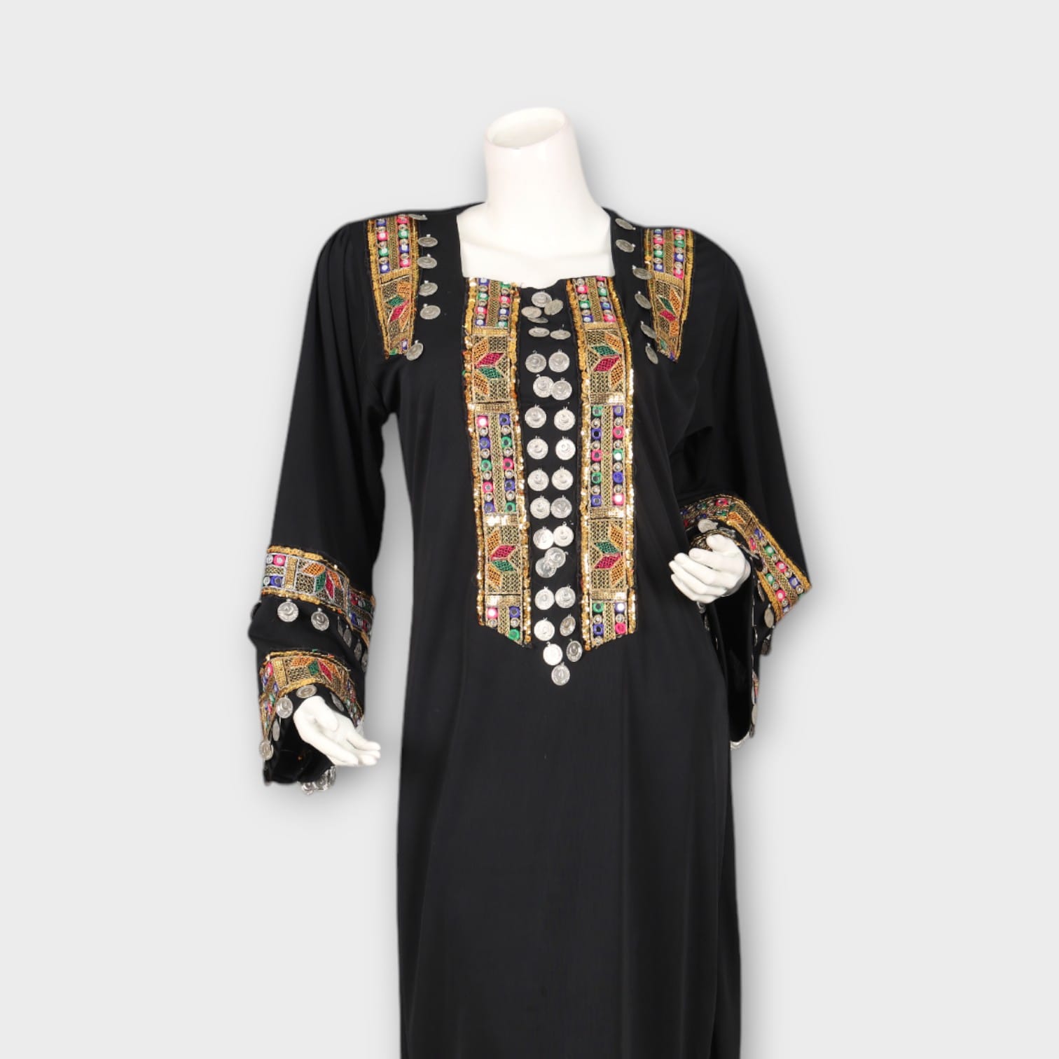 Black Traditional Afghani Dress with Colorful Embroidery and Coin Detailing